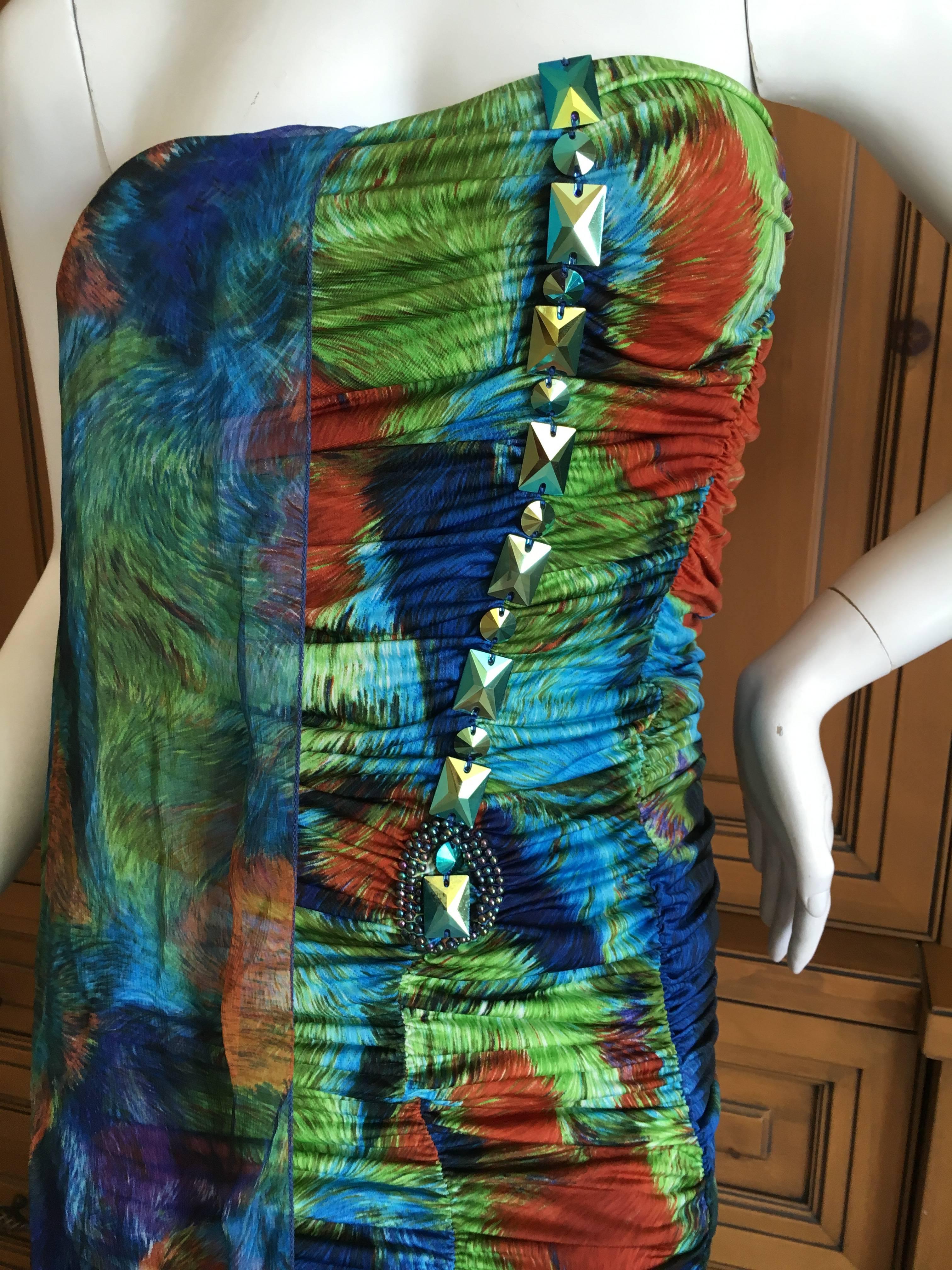 Roberto Cavalli Silk Chiffon Parrot Feather Print Jeweled Mini Dress New w Tags For Sale 2