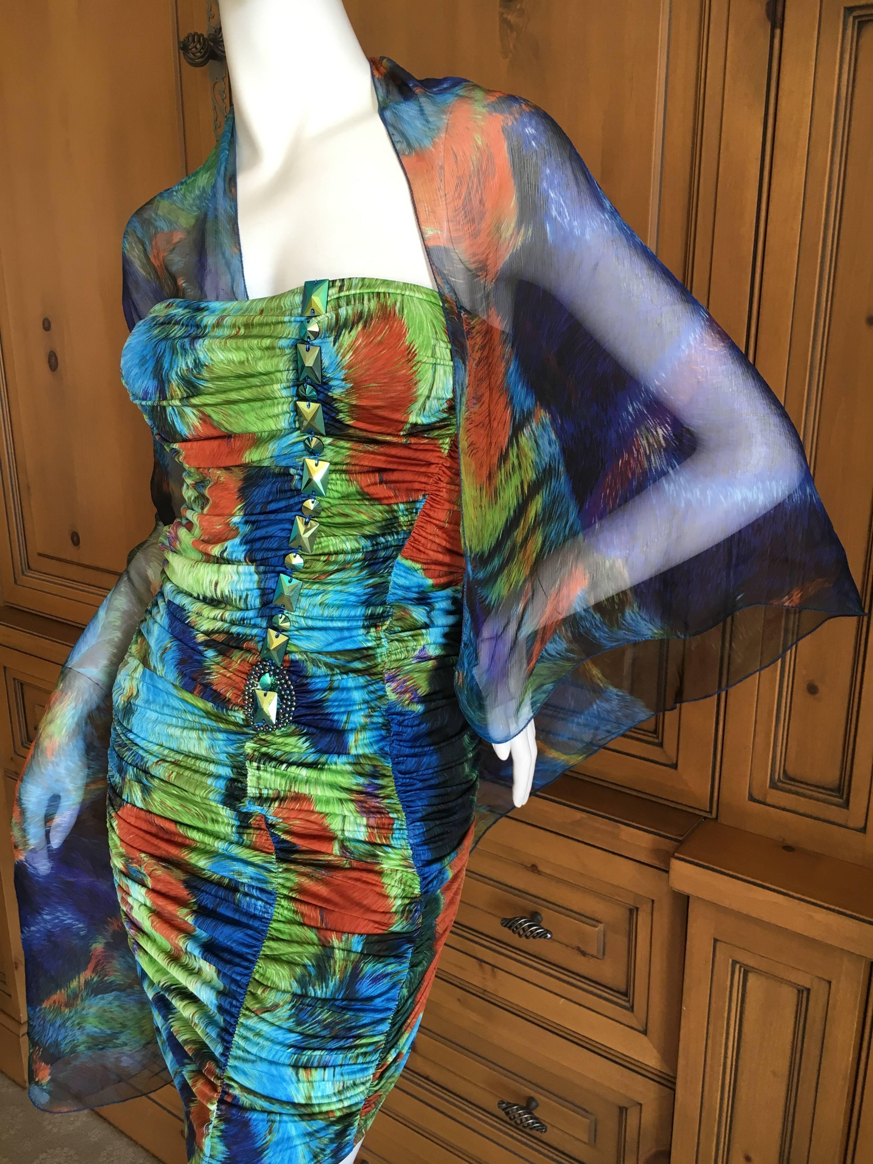 Roberto Cavalli Silk Chiffon Parrot Feather Print Jeweled Mini Dress New w Tags In New Condition For Sale In Cloverdale, CA