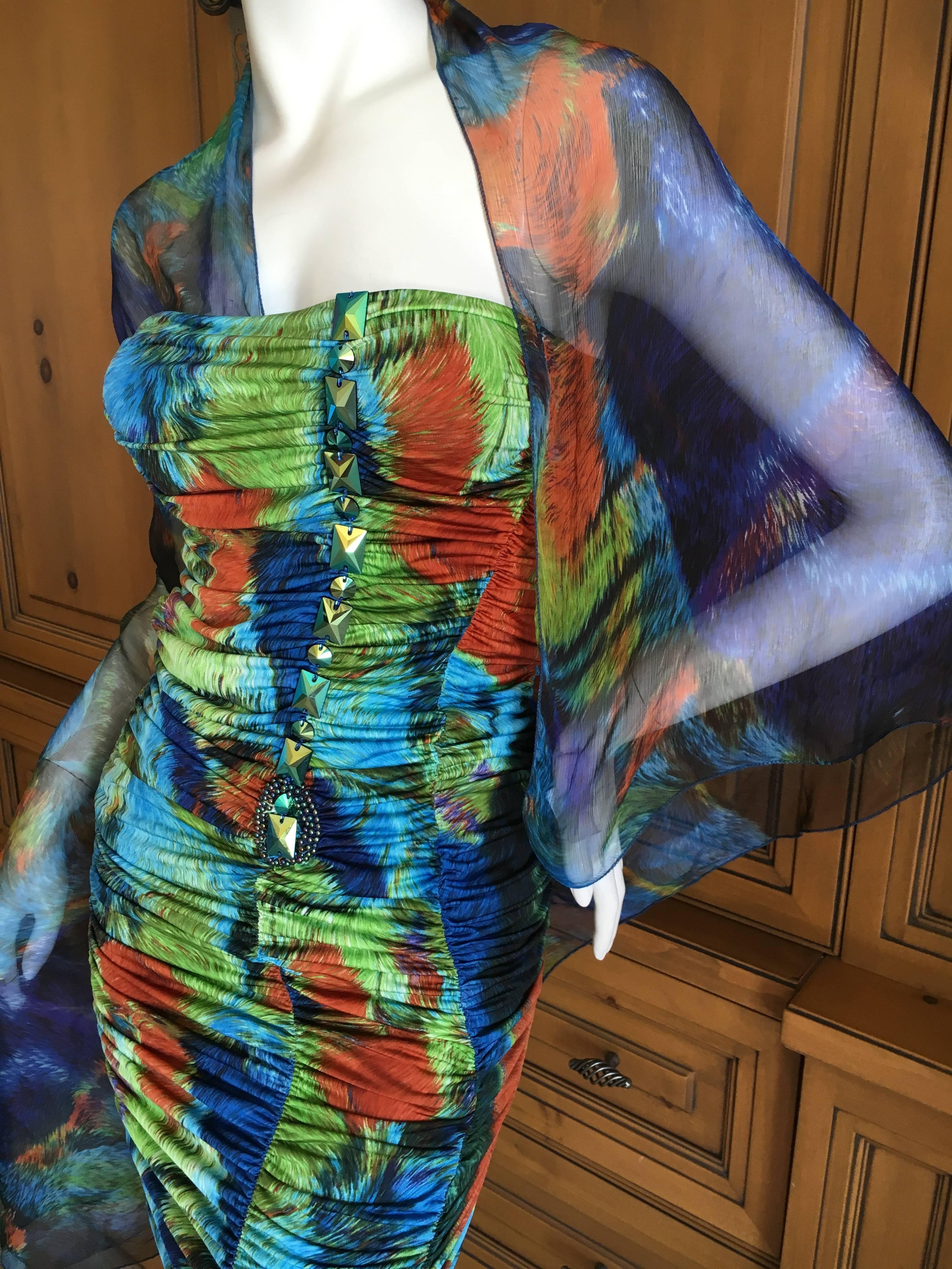 Women's Roberto Cavalli Silk Chiffon Parrot Feather Print Jeweled Mini Dress New w Tags For Sale