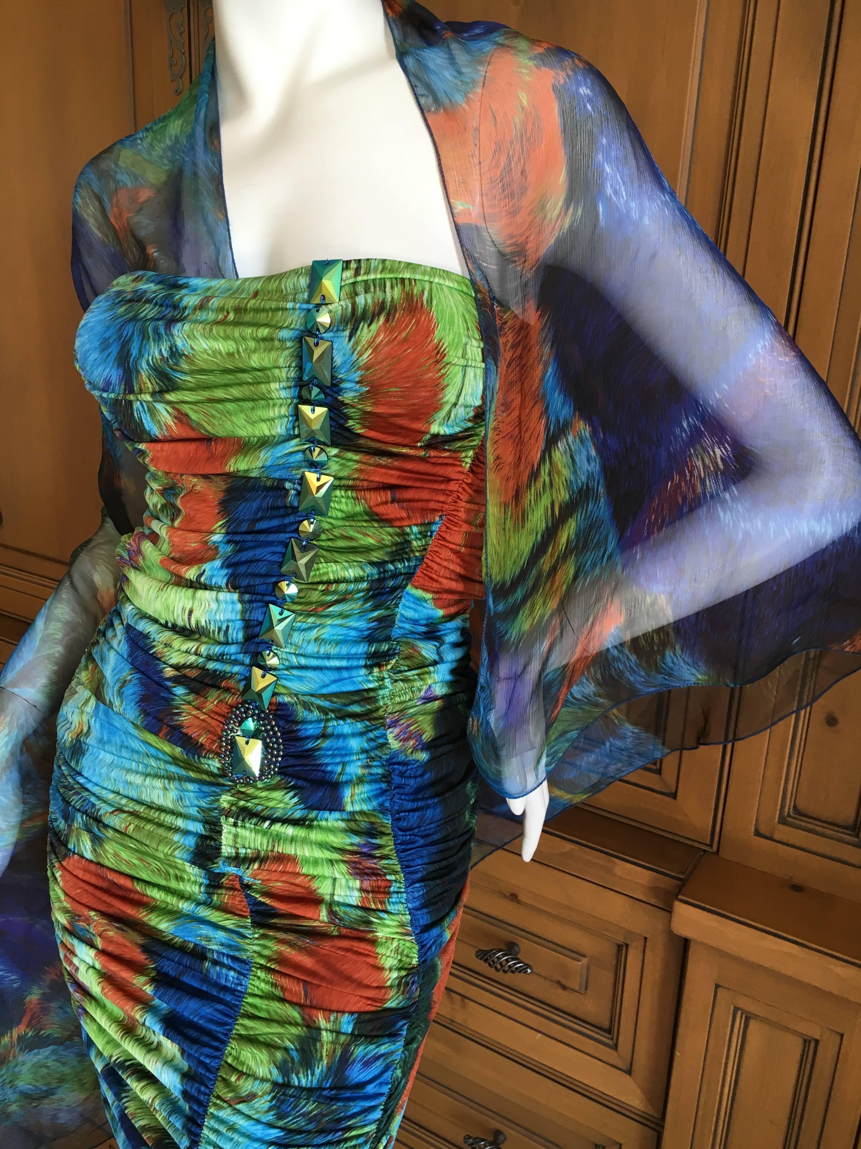 Roberto Cavalli Silk Chiffon Parrot Feather Print Jeweled Mini Dress New w Tags For Sale 3