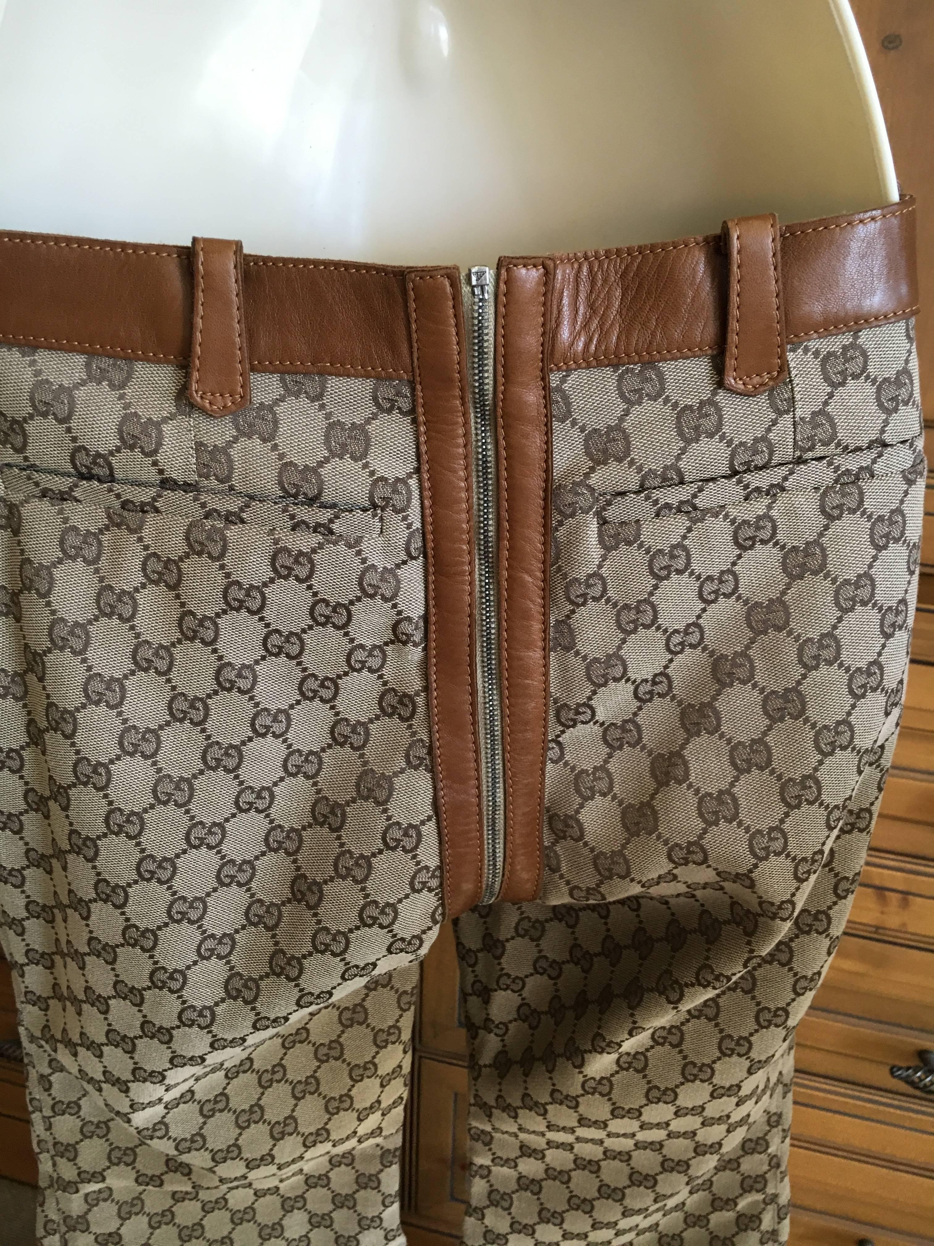 Gucci by Tom Ford Leather Trim Wide Leg Pant in GG Logo In New Condition In Cloverdale, CA