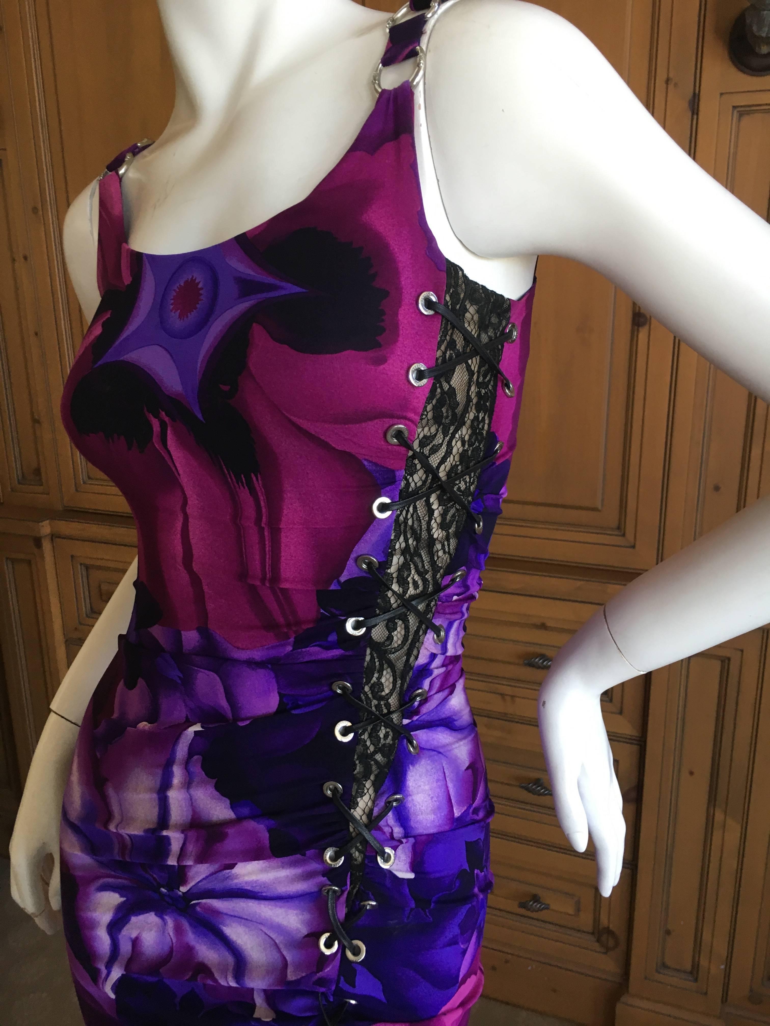 Purple Versace Floral Dress with Lace Insert and Corset Lacing