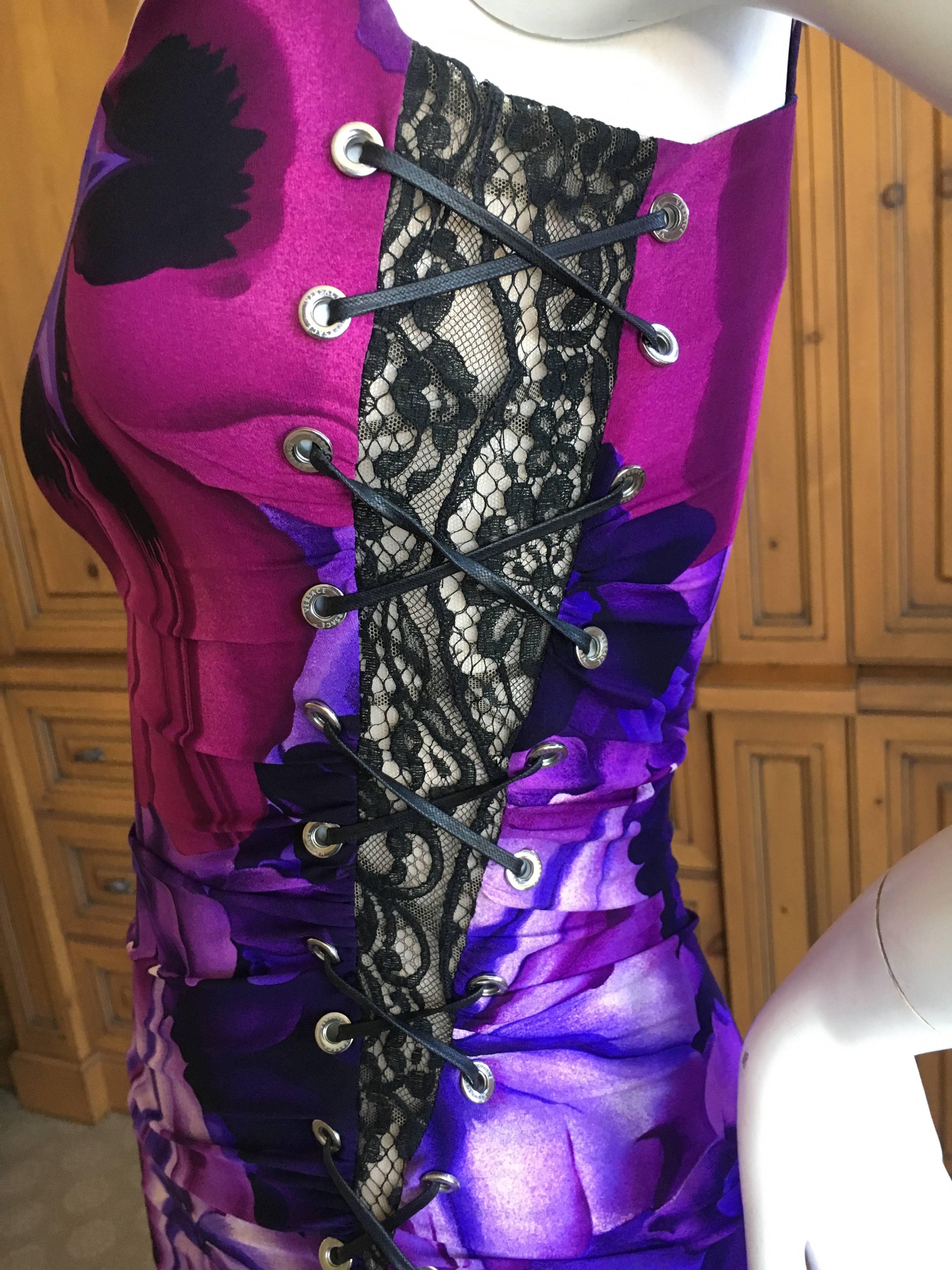 Versace Floral Dress with Lace Insert and Corset Lacing In Excellent Condition In Cloverdale, CA