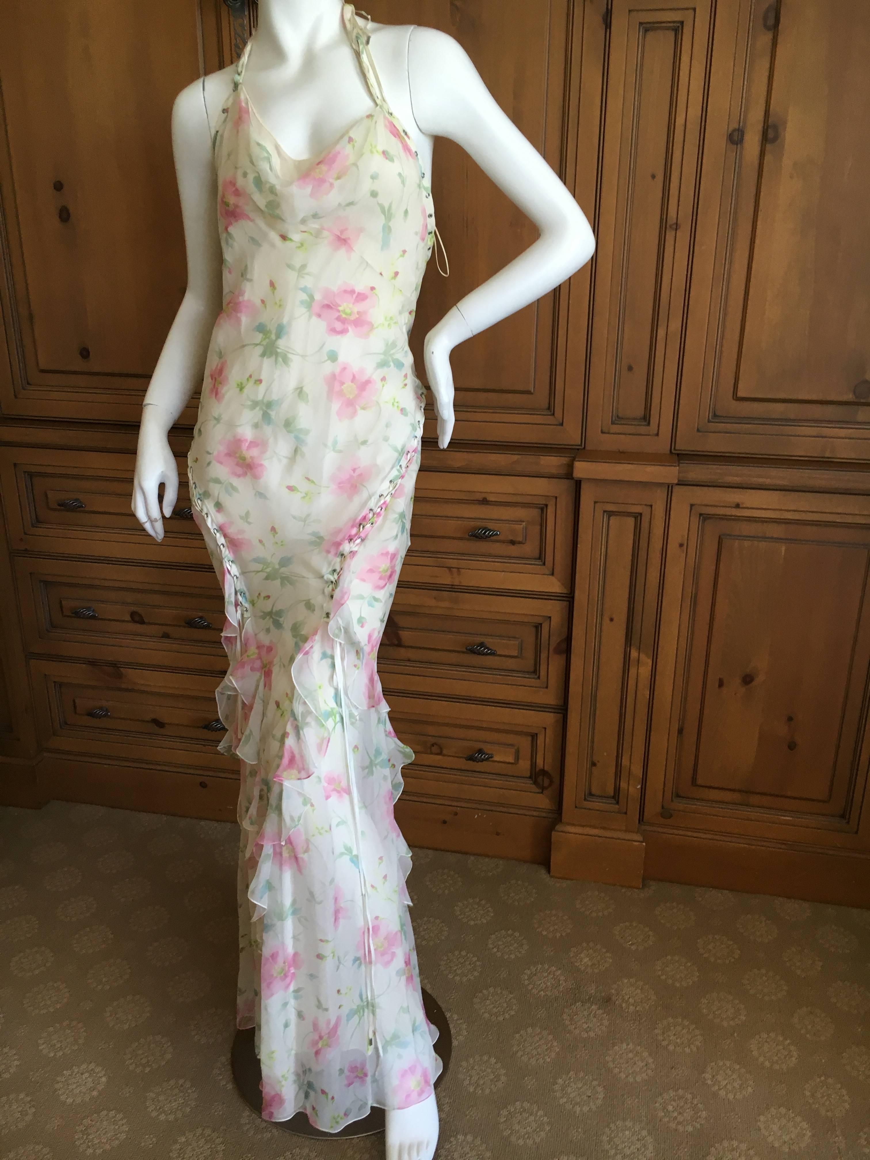 Dior by Galliano Sweet Ruffled Silk Floral Dress with Corset Lace Details In Excellent Condition In Cloverdale, CA