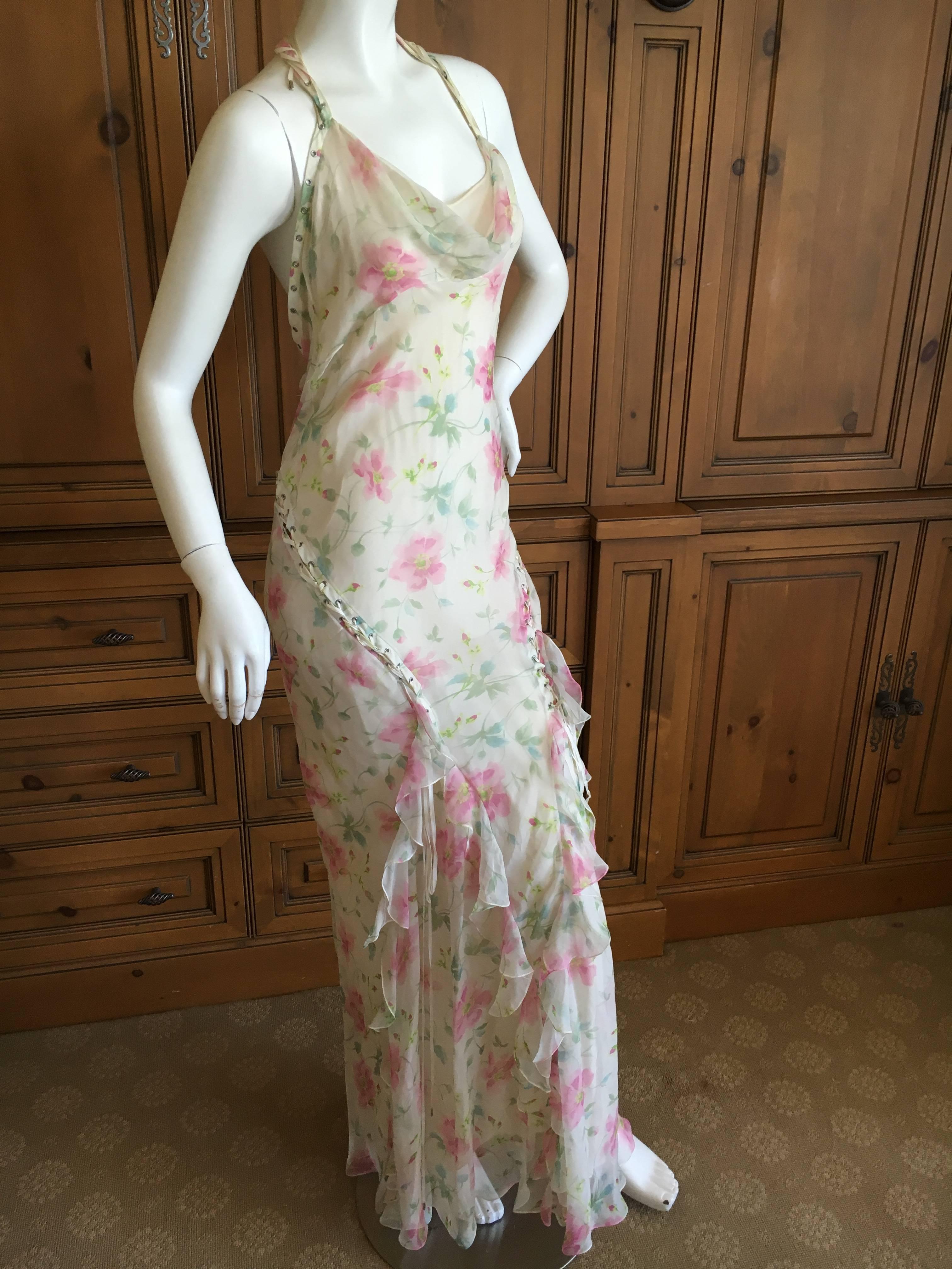 Women's Dior by Galliano Sweet Ruffled Silk Floral Dress with Corset Lace Details