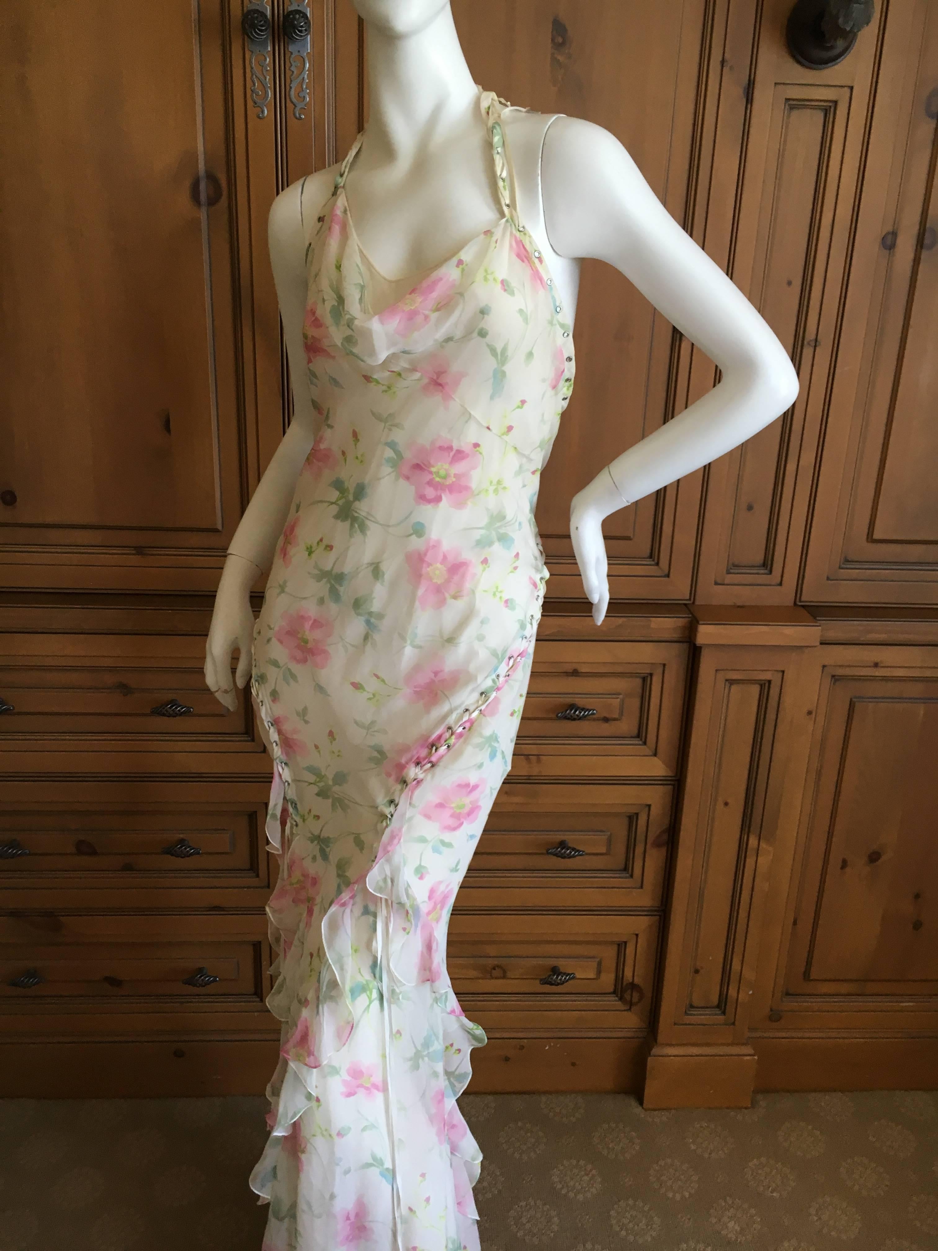 Dior by Galliano Sweet Ruffled Silk Floral Dress with Corset Lace Details 1