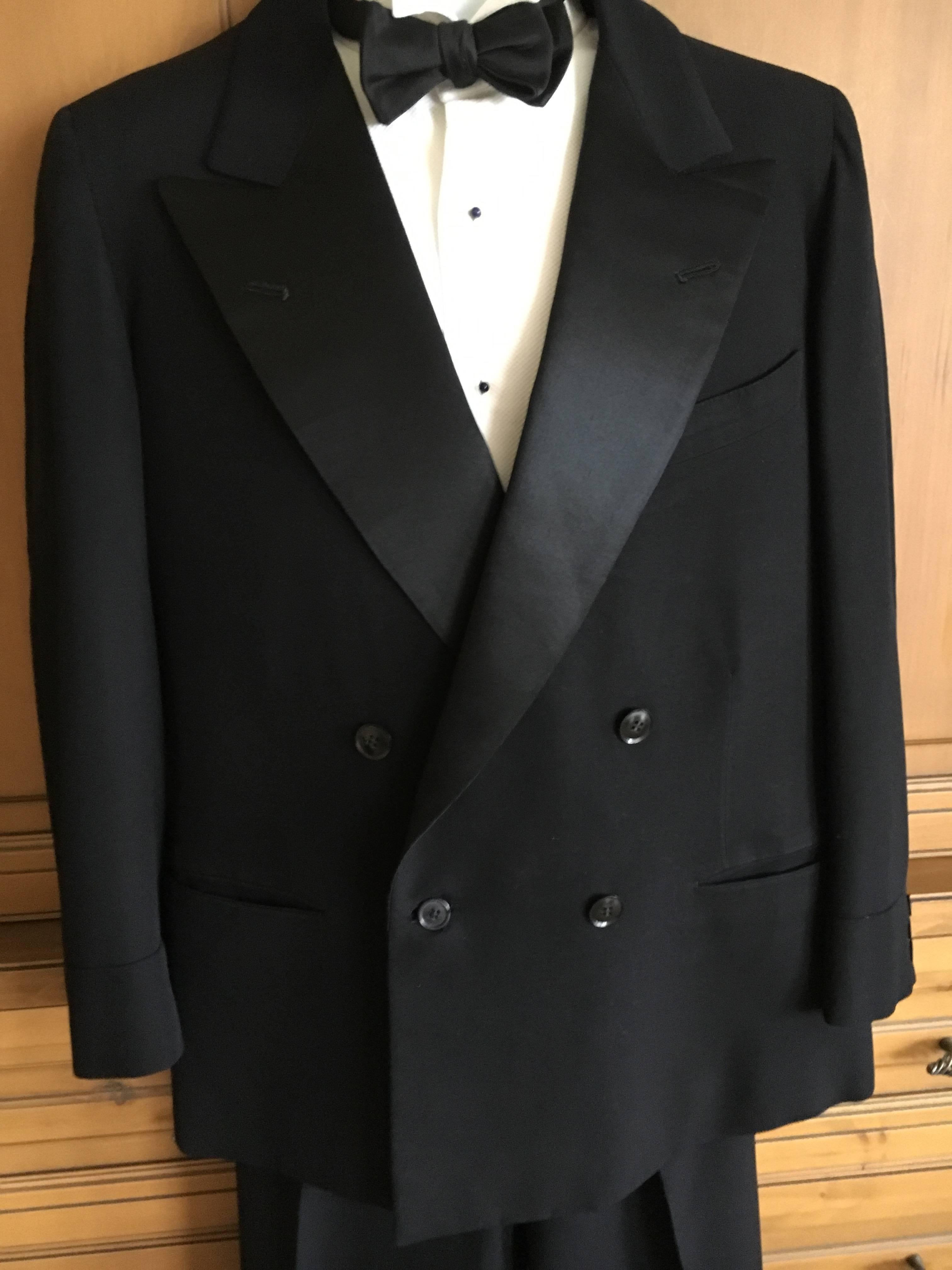 Black 1936 Gentleman's Peak Satin Lapel Tuxedo from Society Tailor F.L. Dunne & Co. NY For Sale