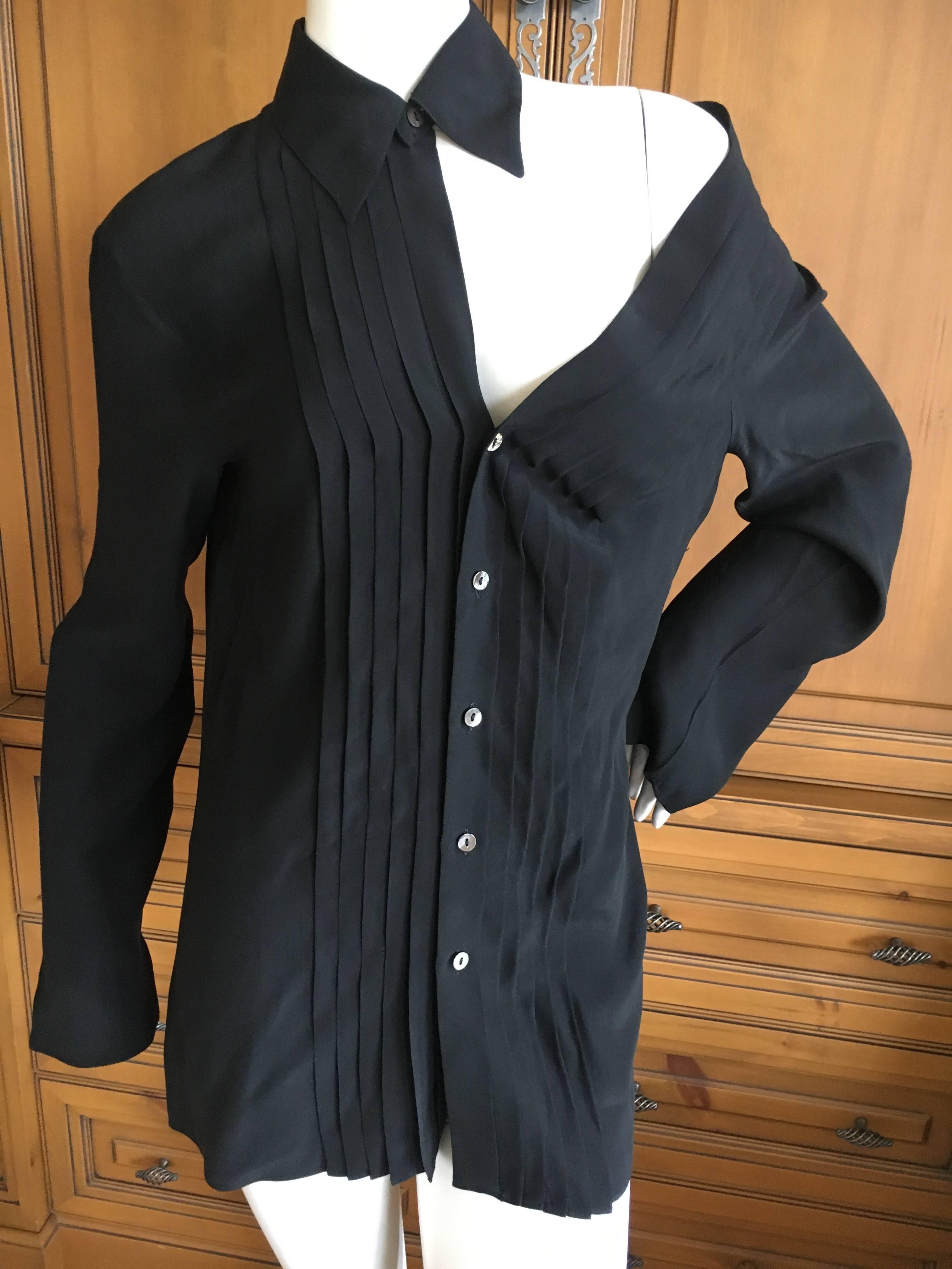 Jean Paul Gaultier Femme Black Silk Tuxedo Shirt with Cut Away Exposed Shoulder.
So Chic 
Size L