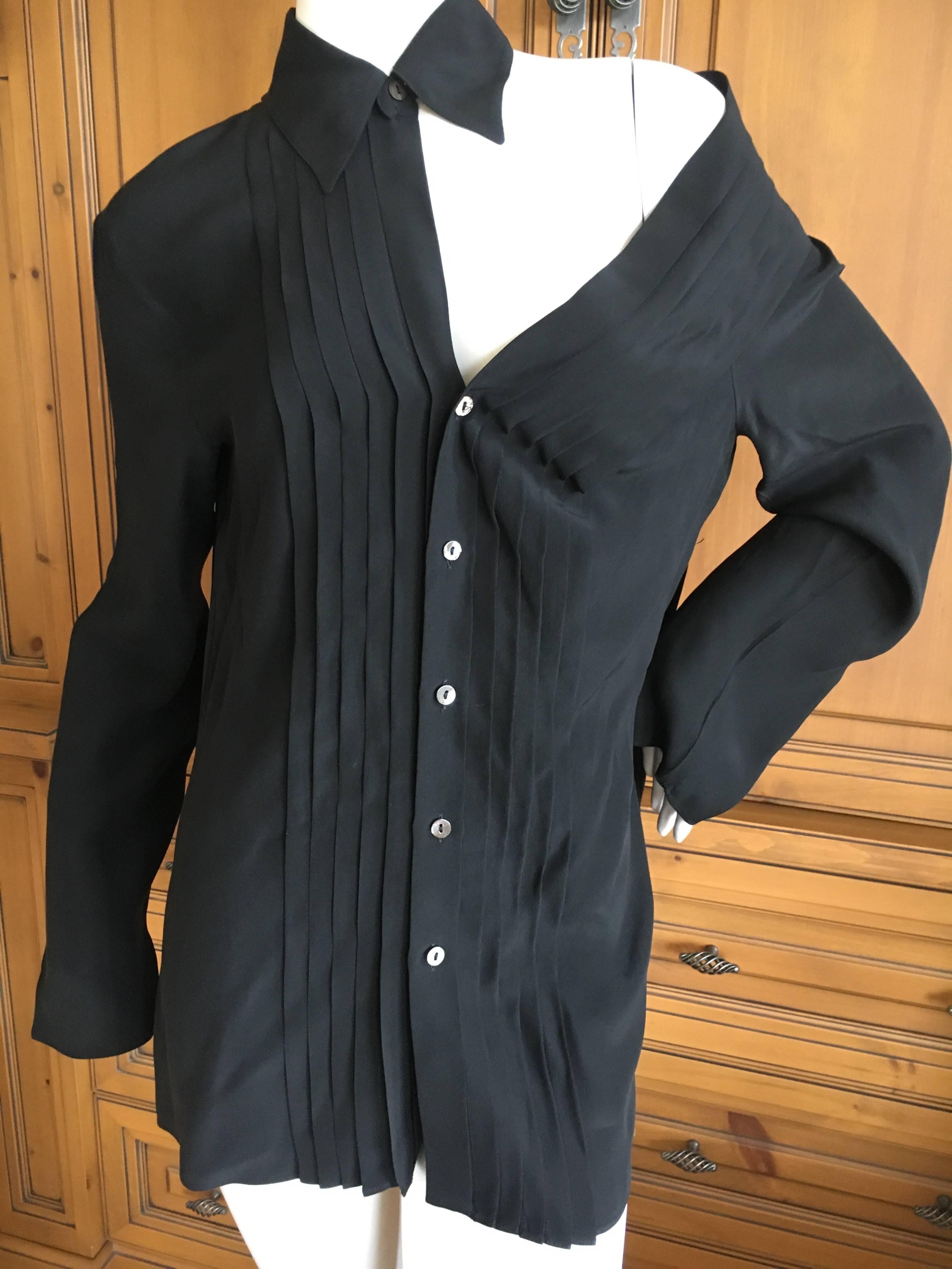 Women's Jean Paul Gaultier Femme Black Silk Tuxedo Shirt with Cut Away Exposed Shoulder