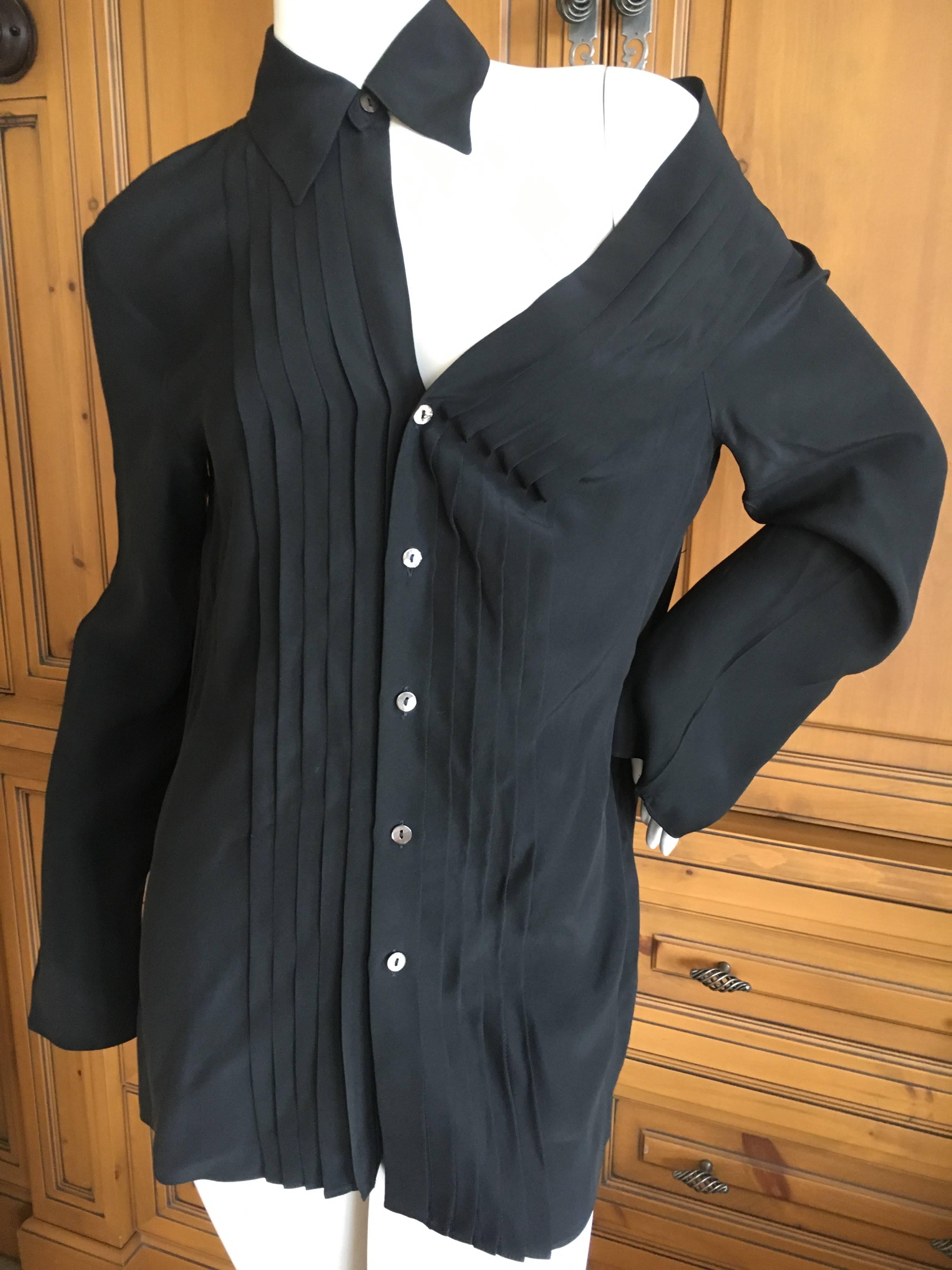 Jean Paul Gaultier Femme Black Silk Tuxedo Shirt with Cut Away Exposed Shoulder 2