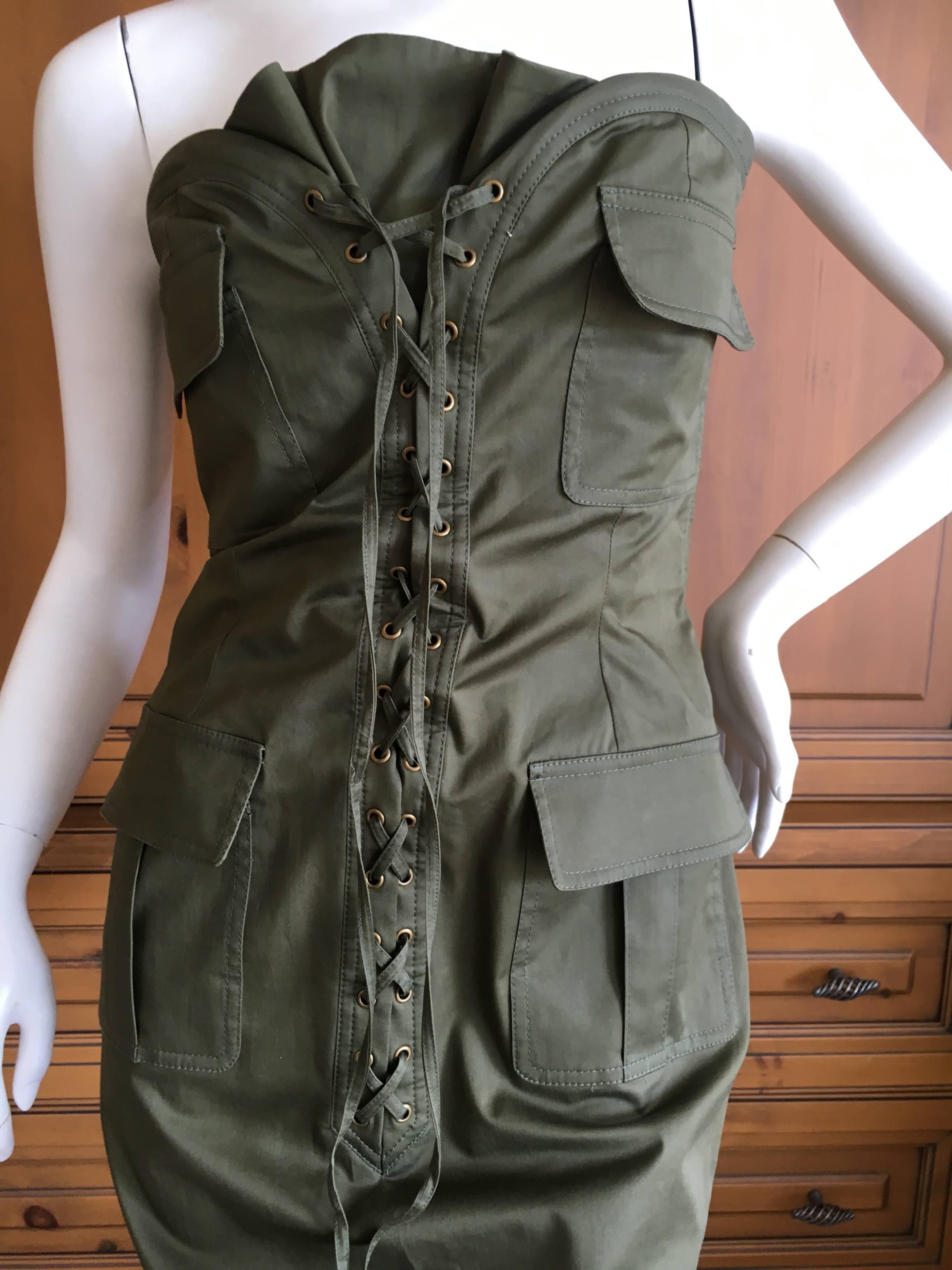 Yves Saint Laurent by Tom Ford Strapless Safari Dress with Corset Lacing.
Size 38
Bust 36"
Waist 28"
Hips 38"
Length 34"
Excellent condition