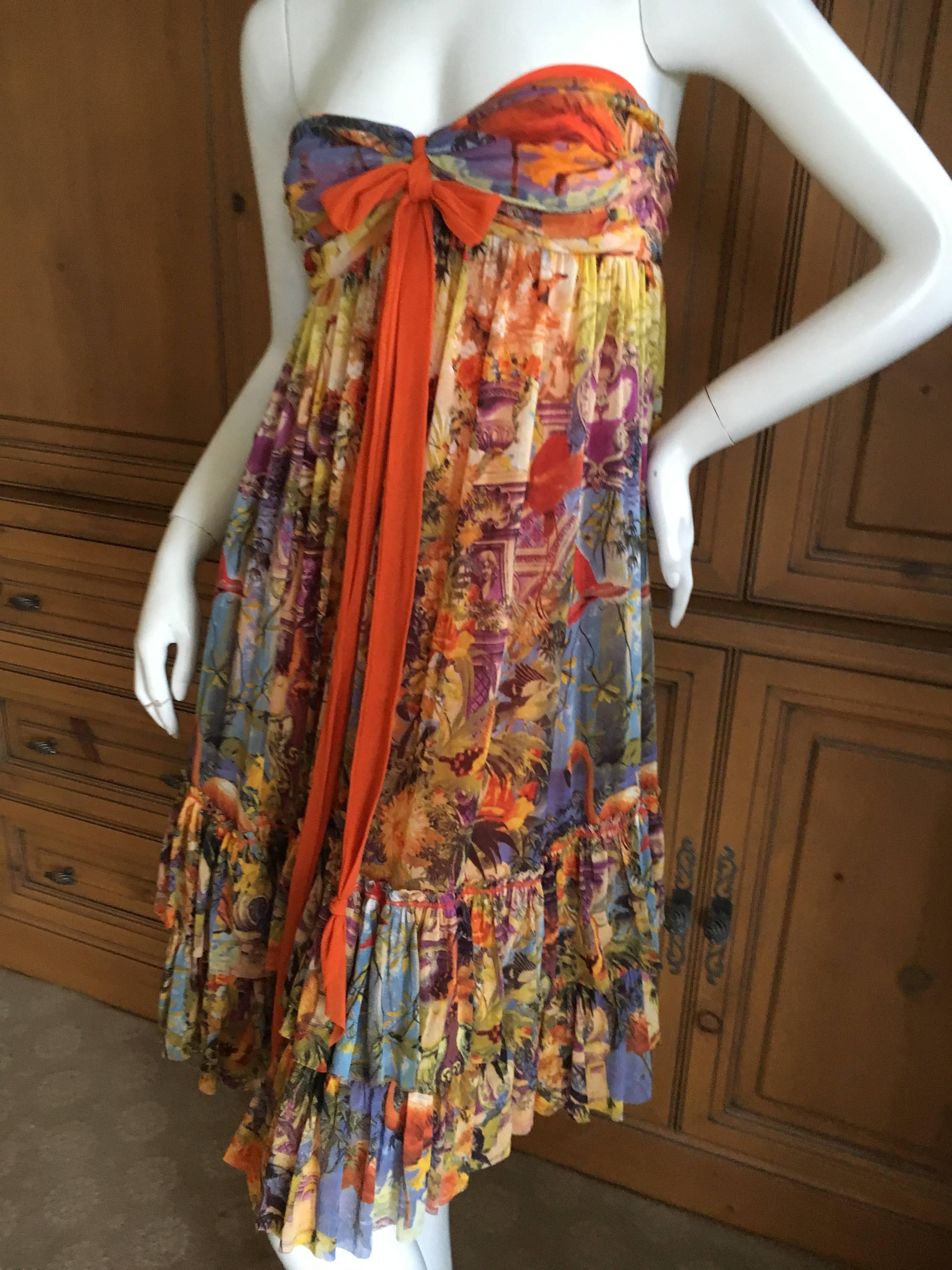 Jean Paul Gaultier Soleil Colorfull Strapless Dress by Fuzzi.
Romantic ruffles with a bow, size S.
Bust 34