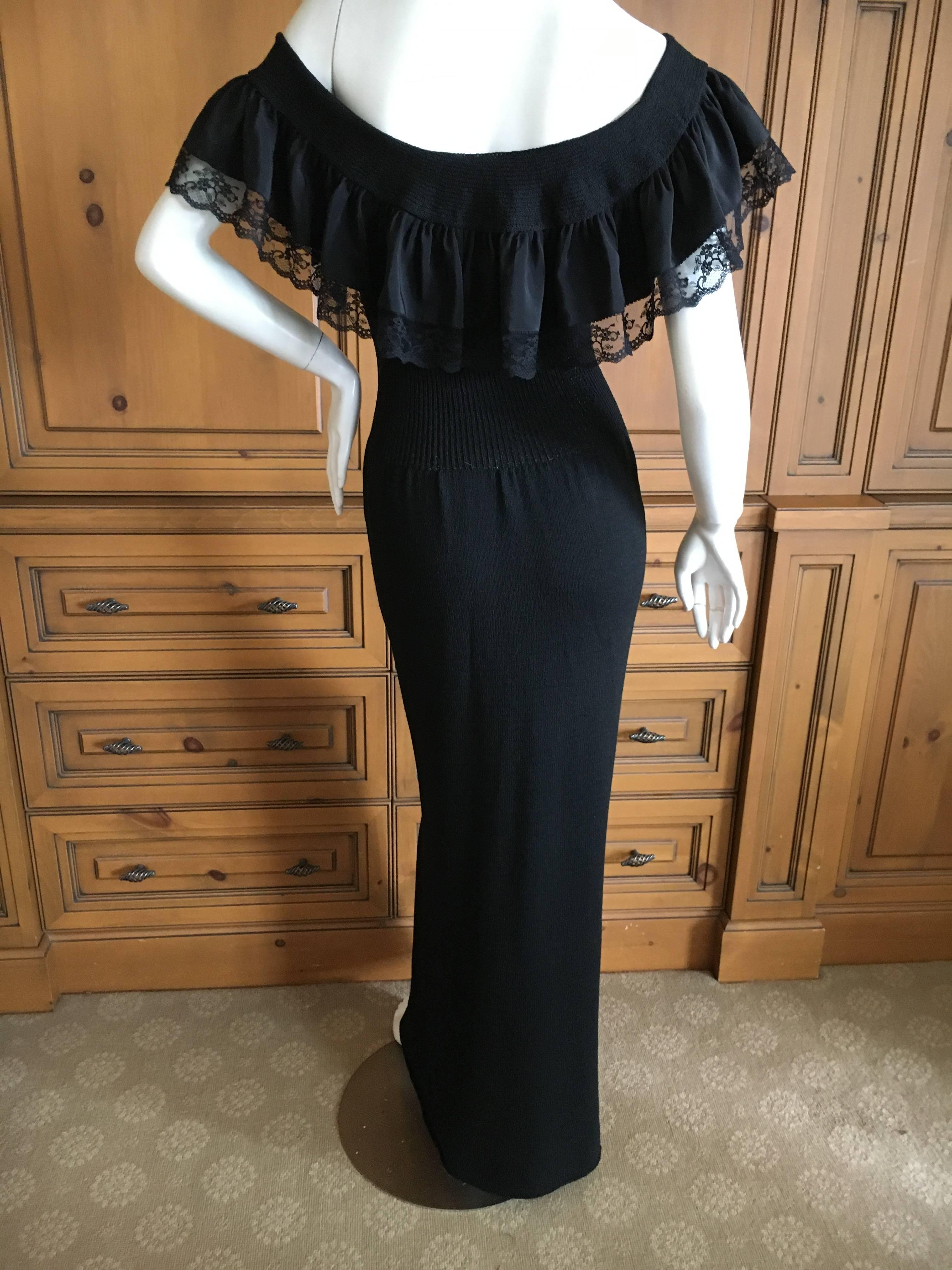 Adolfo 1970's Black Knit Off the Shoulder Ruffle Column Gown  In Excellent Condition For Sale In Cloverdale, CA