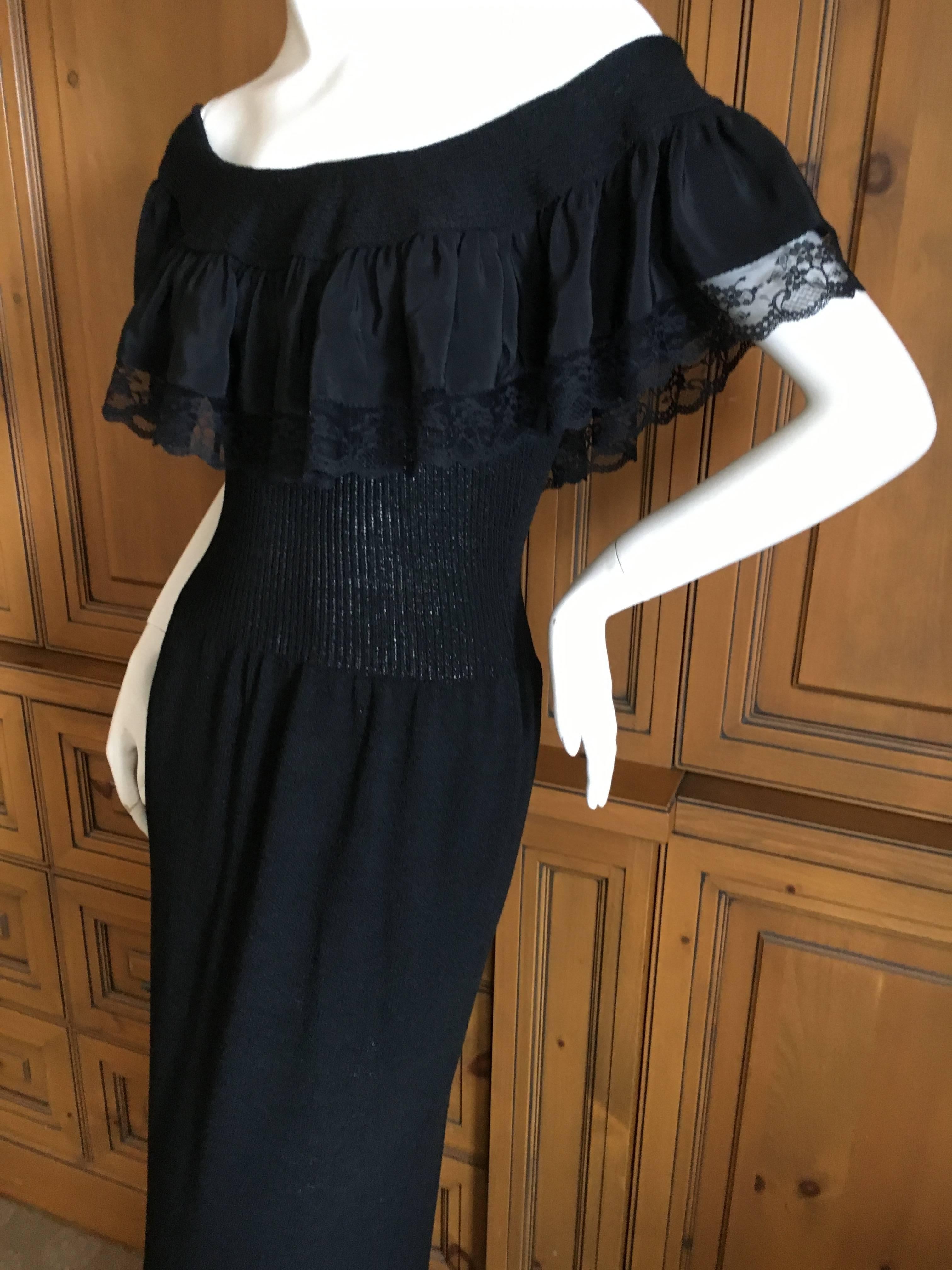 Women's Adolfo 1970's Black Knit Off the Shoulder Ruffle Column Gown  For Sale