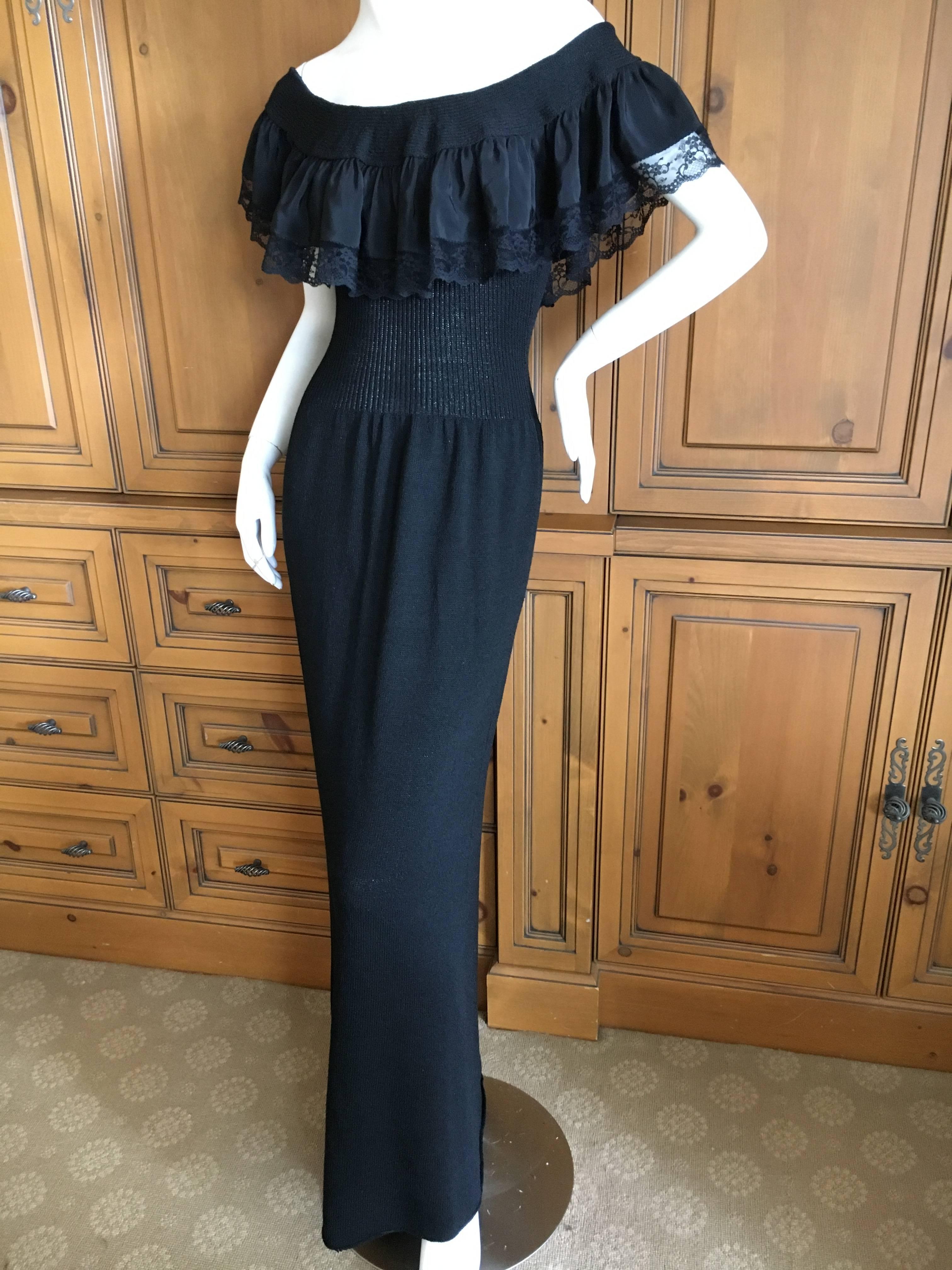 Adolfo 1970's Black Knit Off the Shoulder Ruffle Column Gown  For Sale 2