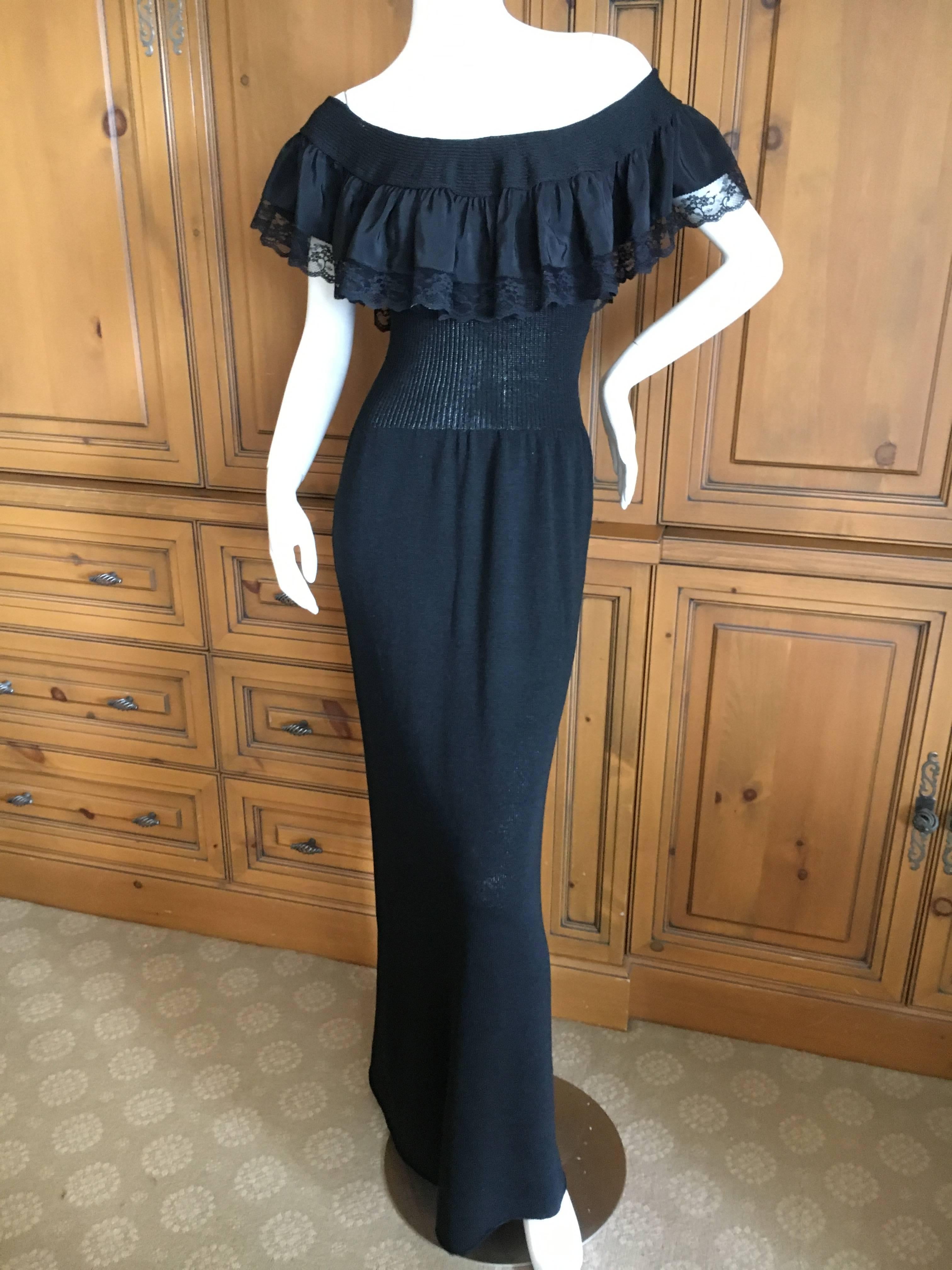 Adolfo 1970's Black Knit Off the Shoulder Ruffle Column Gown  For Sale 3