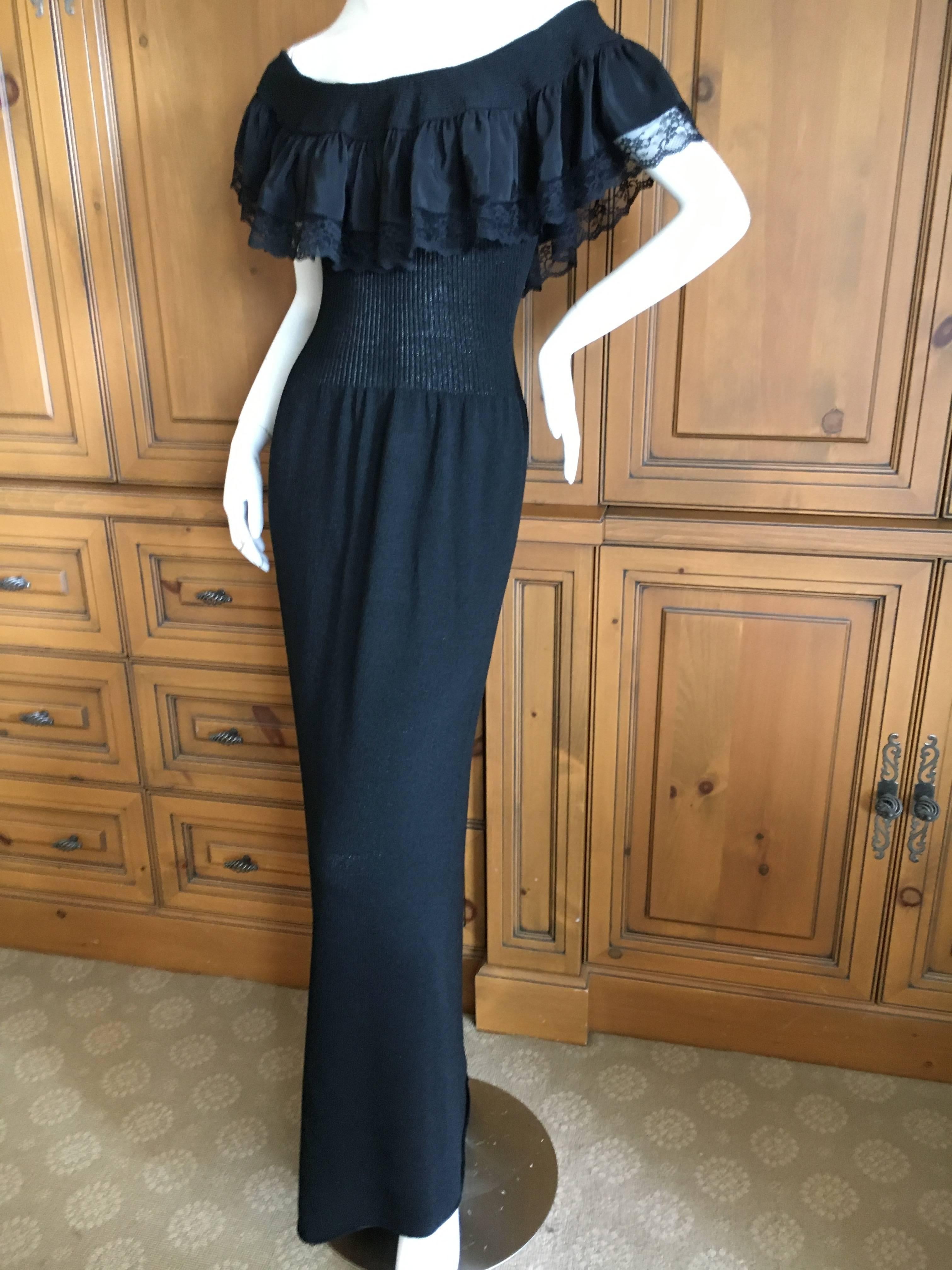 Adolfo 1970's Black Knit Off the Shoulder Ruffle Column Gown  For Sale 4