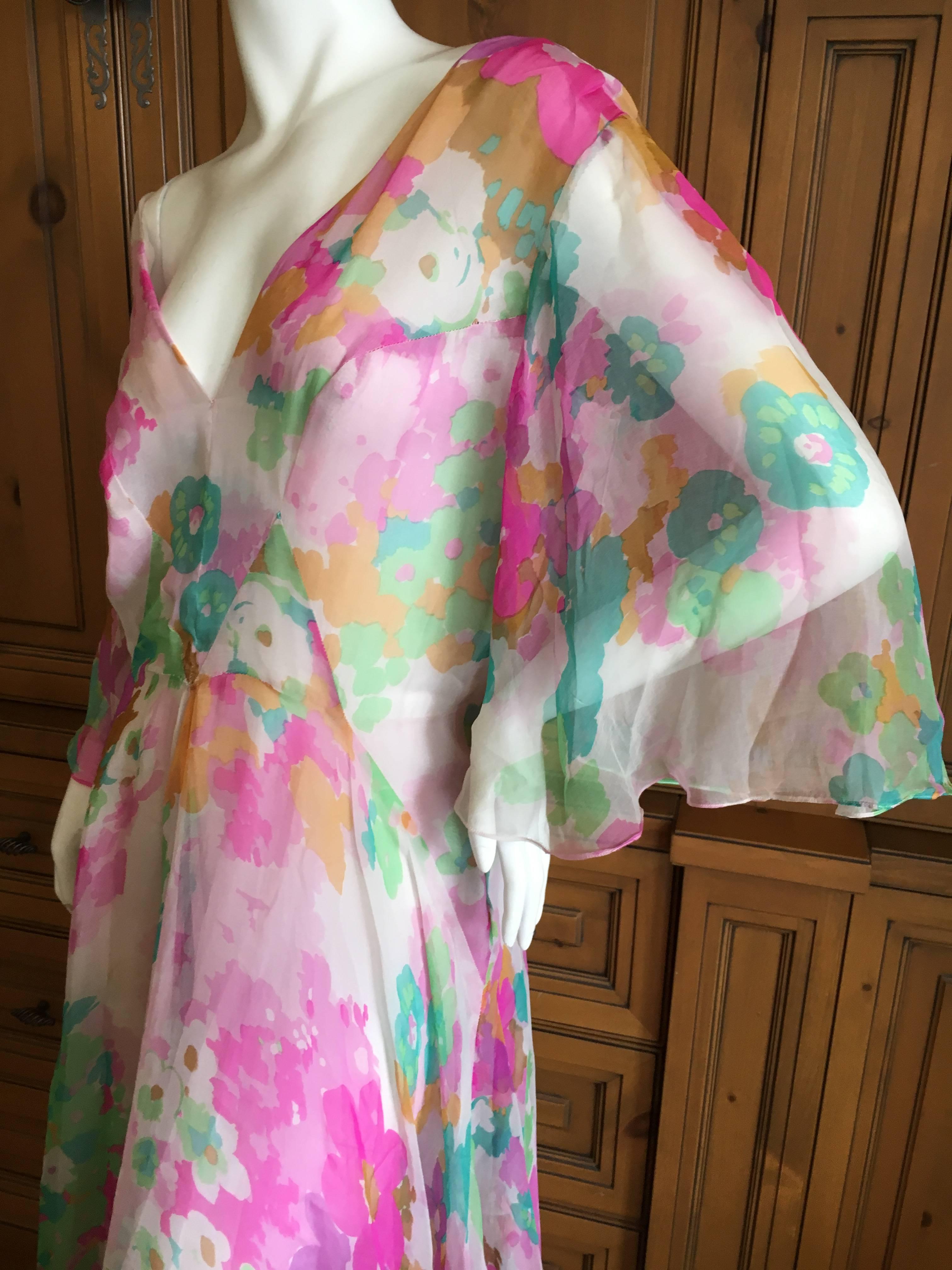 Christian Dior 1960's Demi Couture Numbered Low Cut Floral Silk Chiffon Dress In Excellent Condition For Sale In Cloverdale, CA