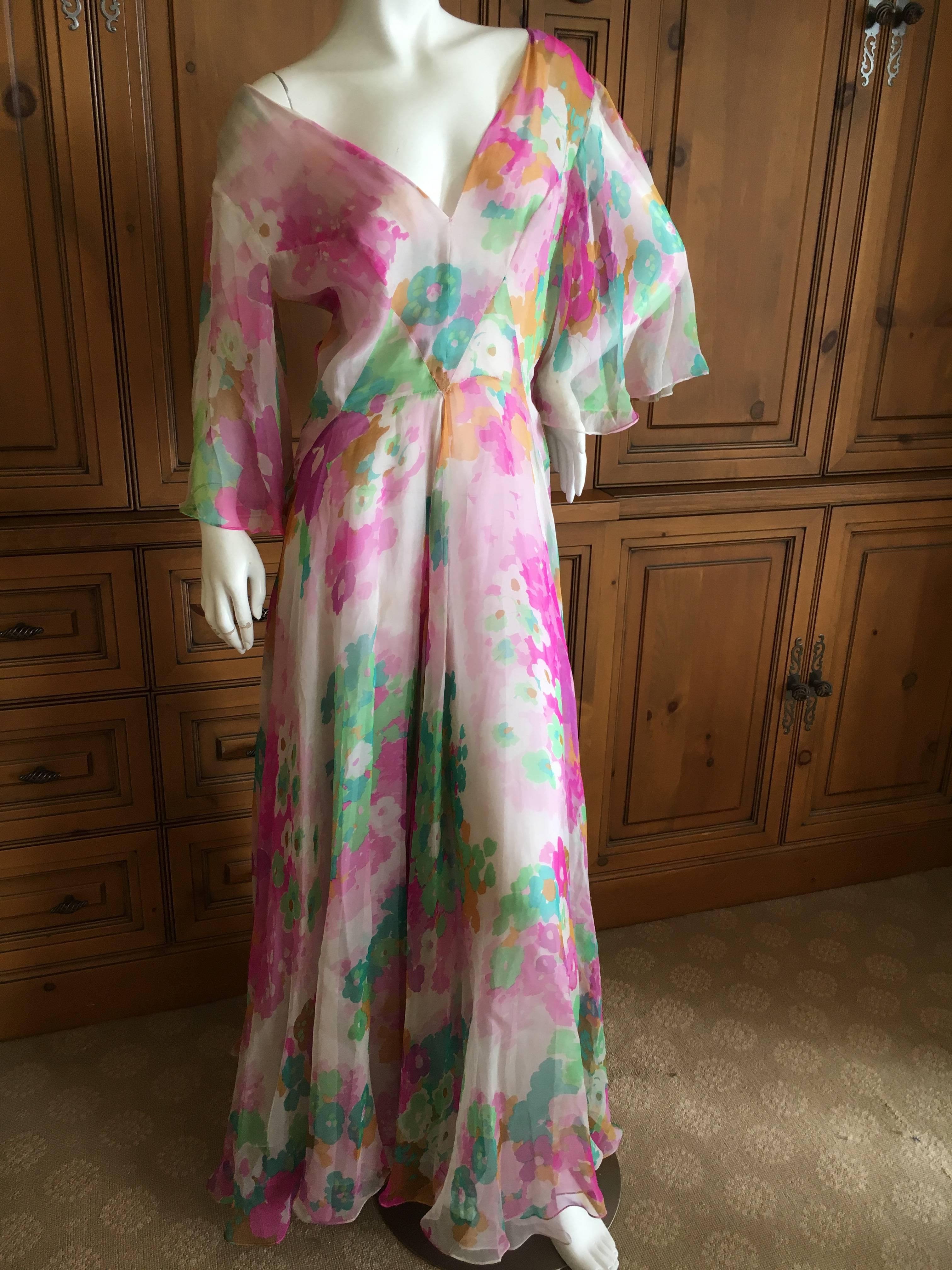 Christian Dior 1960's Demi Couture Numbered Low Cut Floral Silk Chiffon Dress For Sale 3