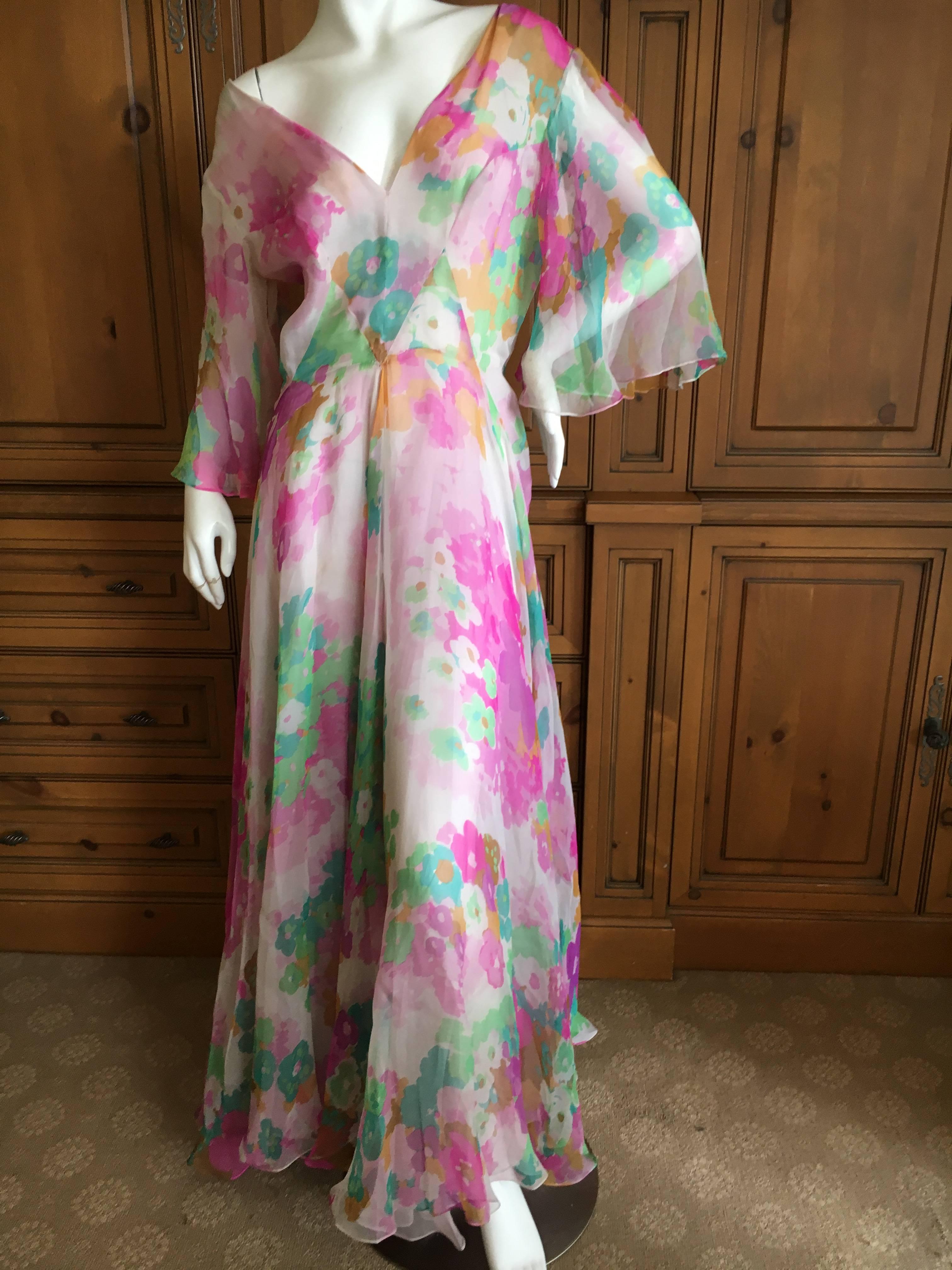 Christian Dior 1960's Demi Couture Numbered Low Cut Floral Silk Chiffon Dress For Sale 4