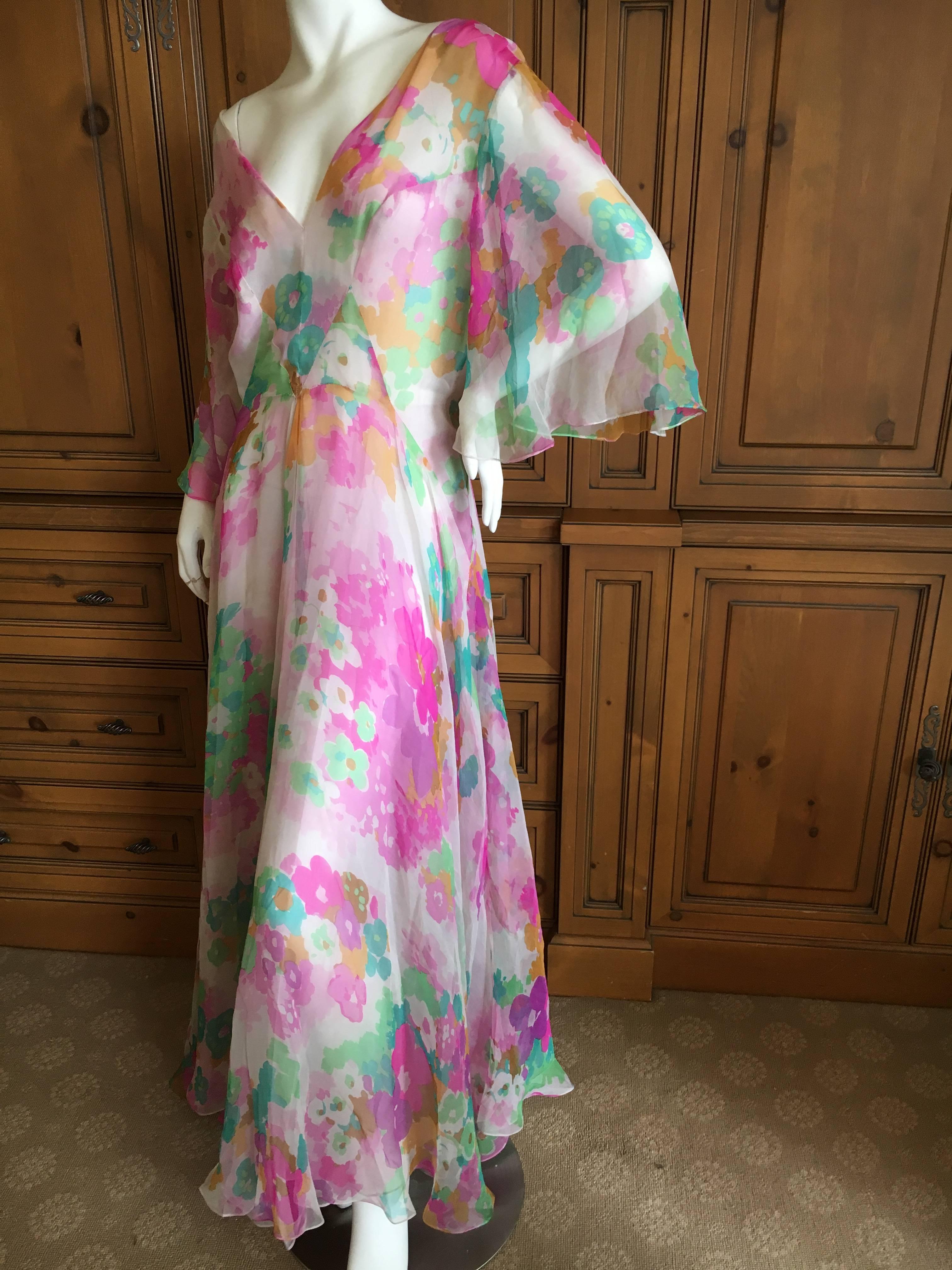 Christian Dior 1960's Demi Couture Numbered Low Cut Floral Silk Chiffon Dress For Sale 5