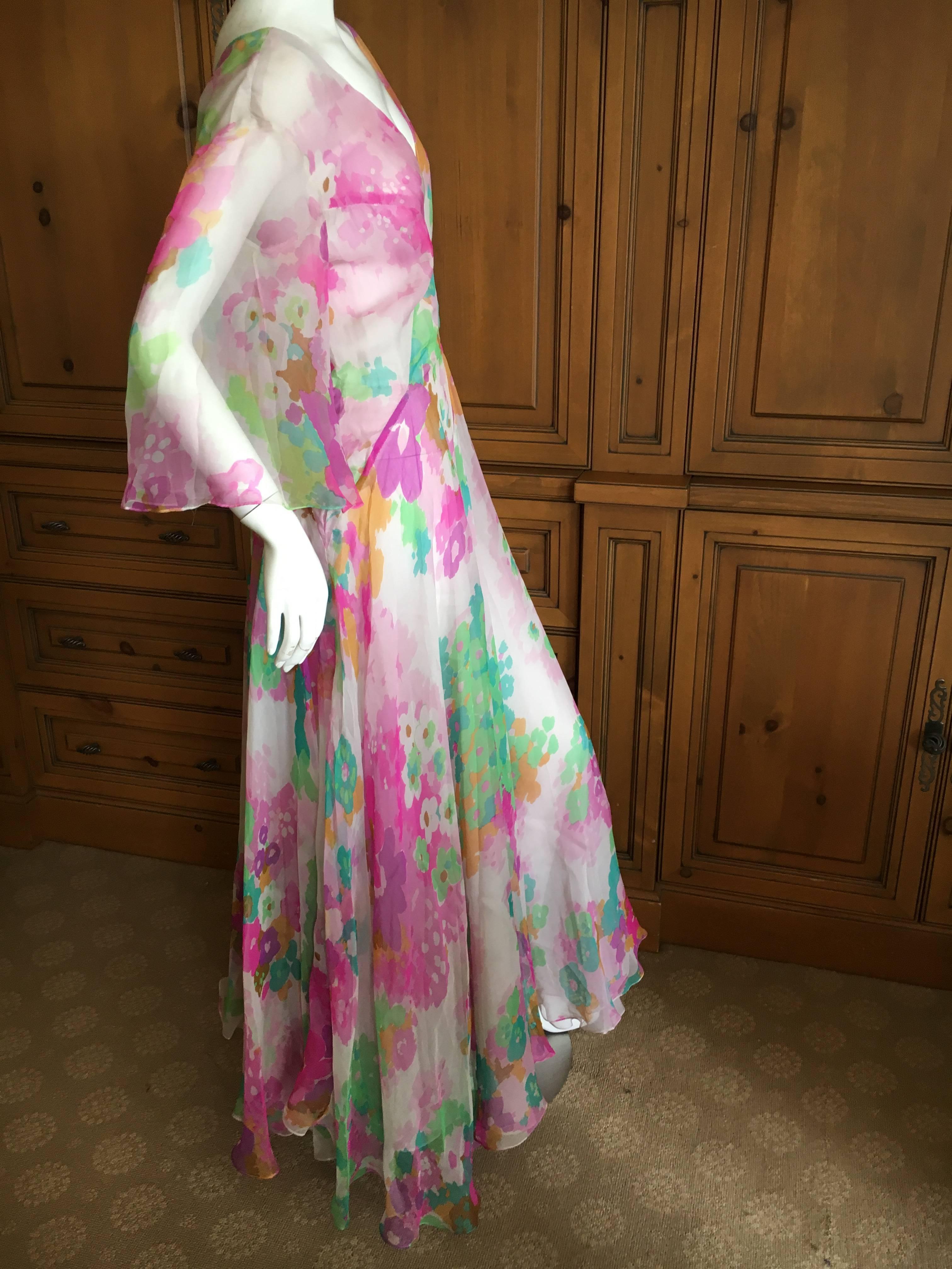 Women's Christian Dior 1960's Demi Couture Numbered Low Cut Floral Silk Chiffon Dress For Sale