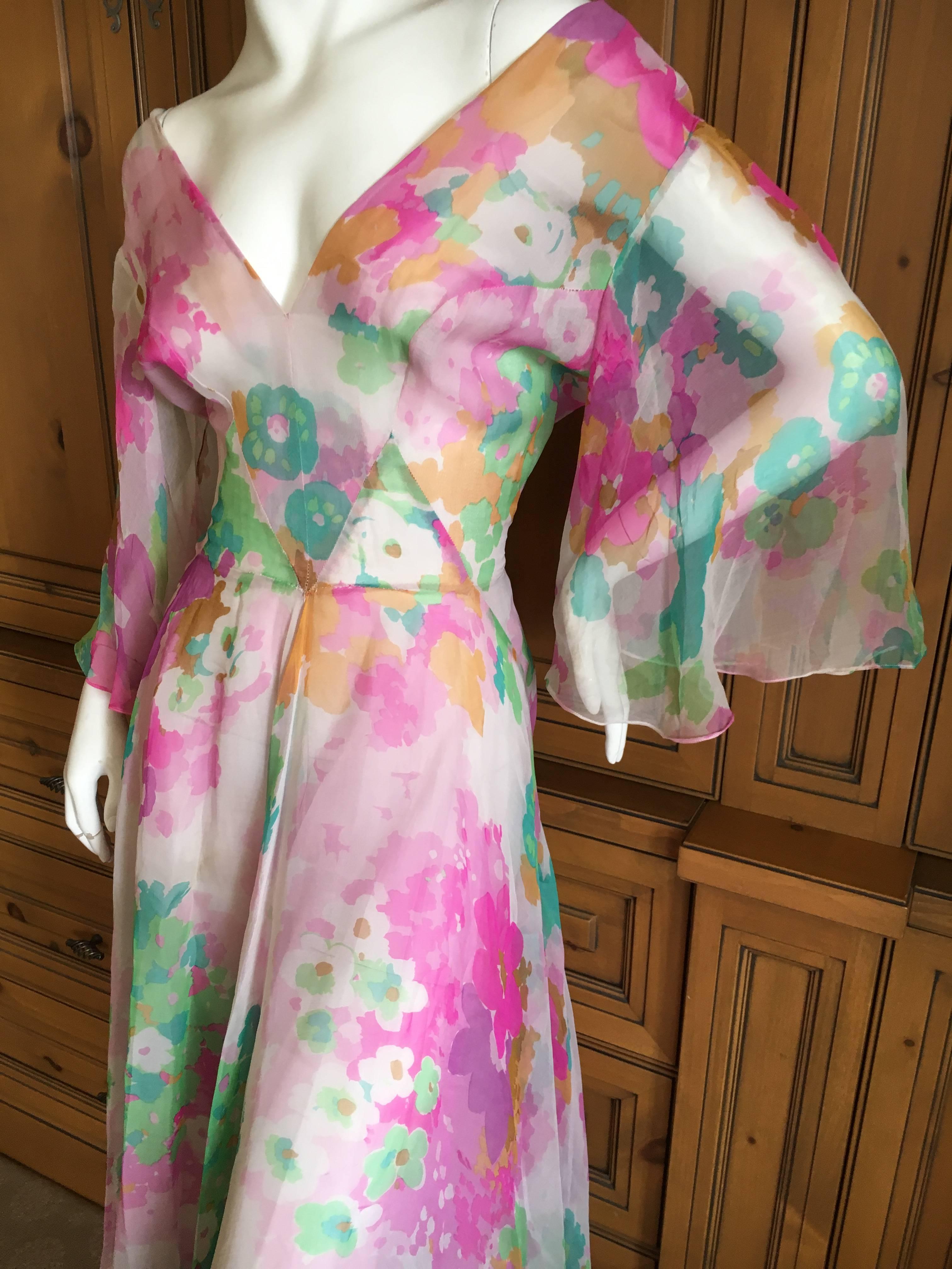 Christian Dior 1960's Demi Couture Numbered Low Cut Floral Silk Chiffon Dress For Sale 2