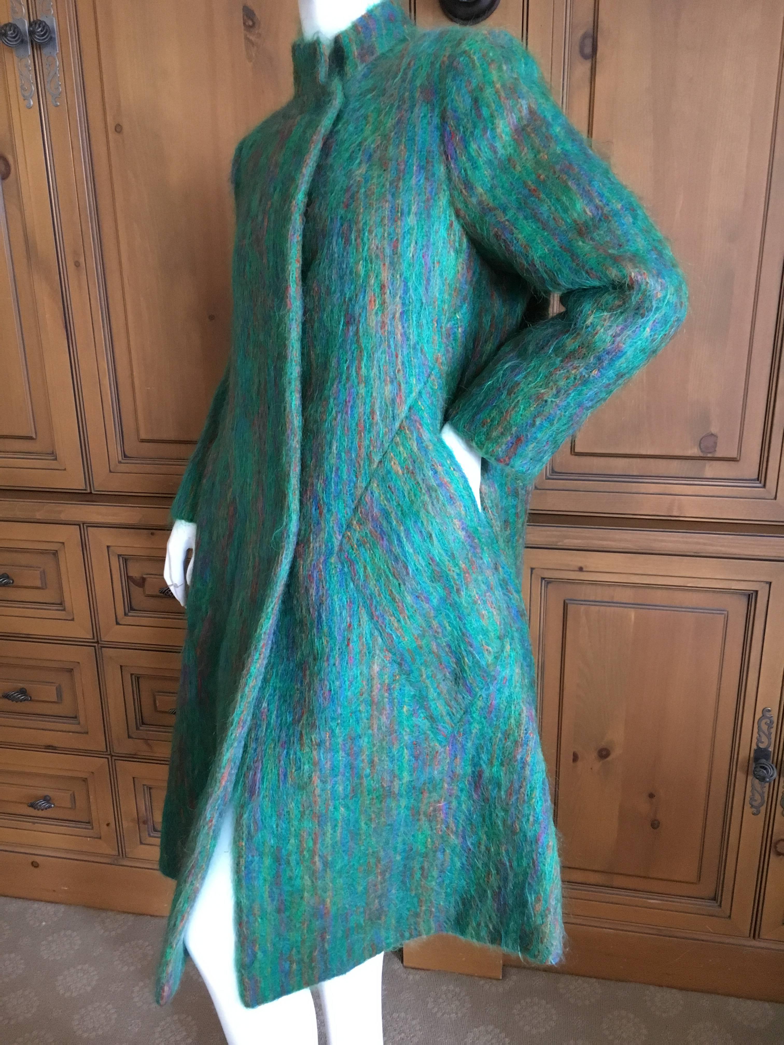 Pauline Trigere 1960's Green Mohair Swing Coat For Sale 1