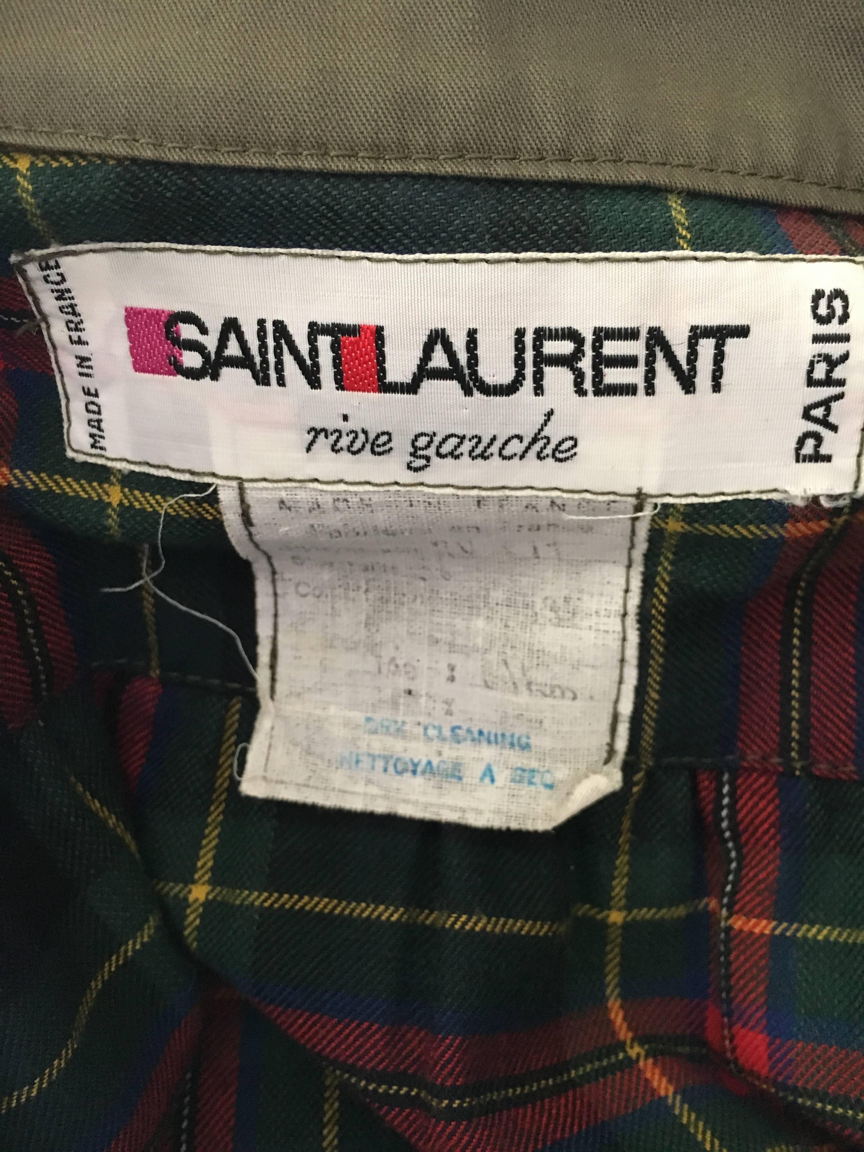 Saint Laurent Rive Gauche 1970's Olive Green Coat with Plaid Fleece Lining.
A classic from around 1977, the label reads 