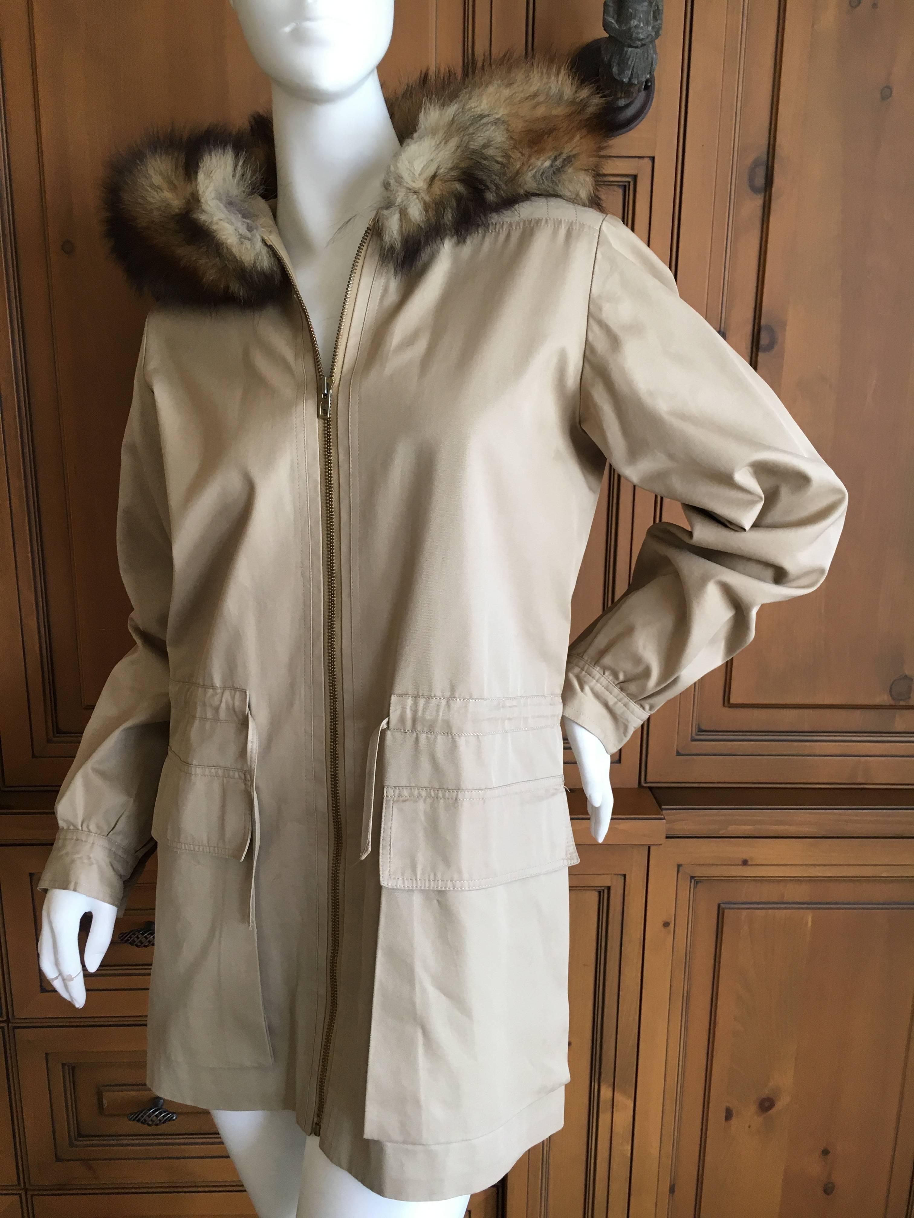 Saint Laurent Rive Gauche 1970's Tan Jacket with Furl Trim Hood For Sale 1