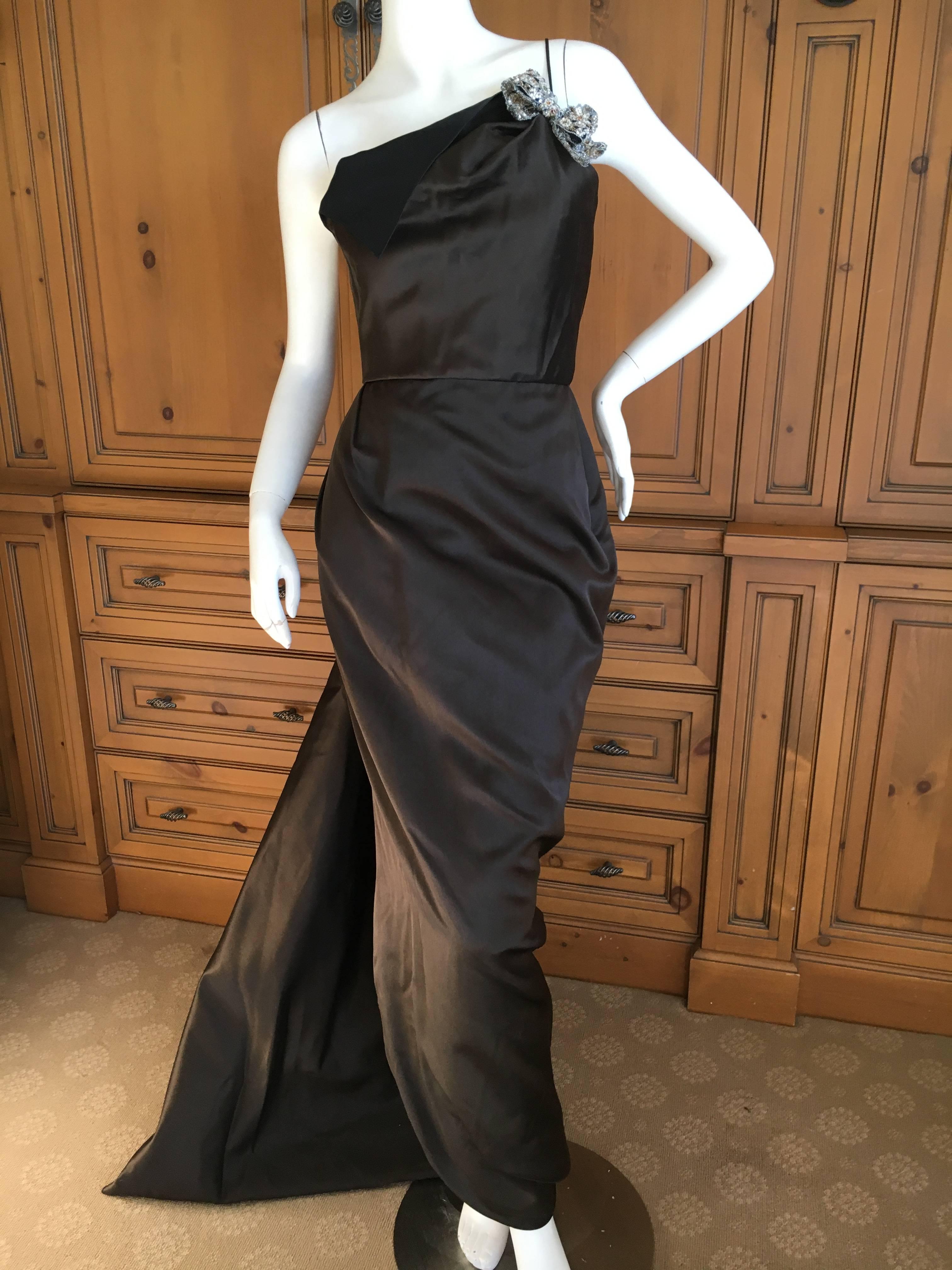 Women's Oscar de la Renta Sweeping Silk Evening Dress in Brown and Navy For Sale