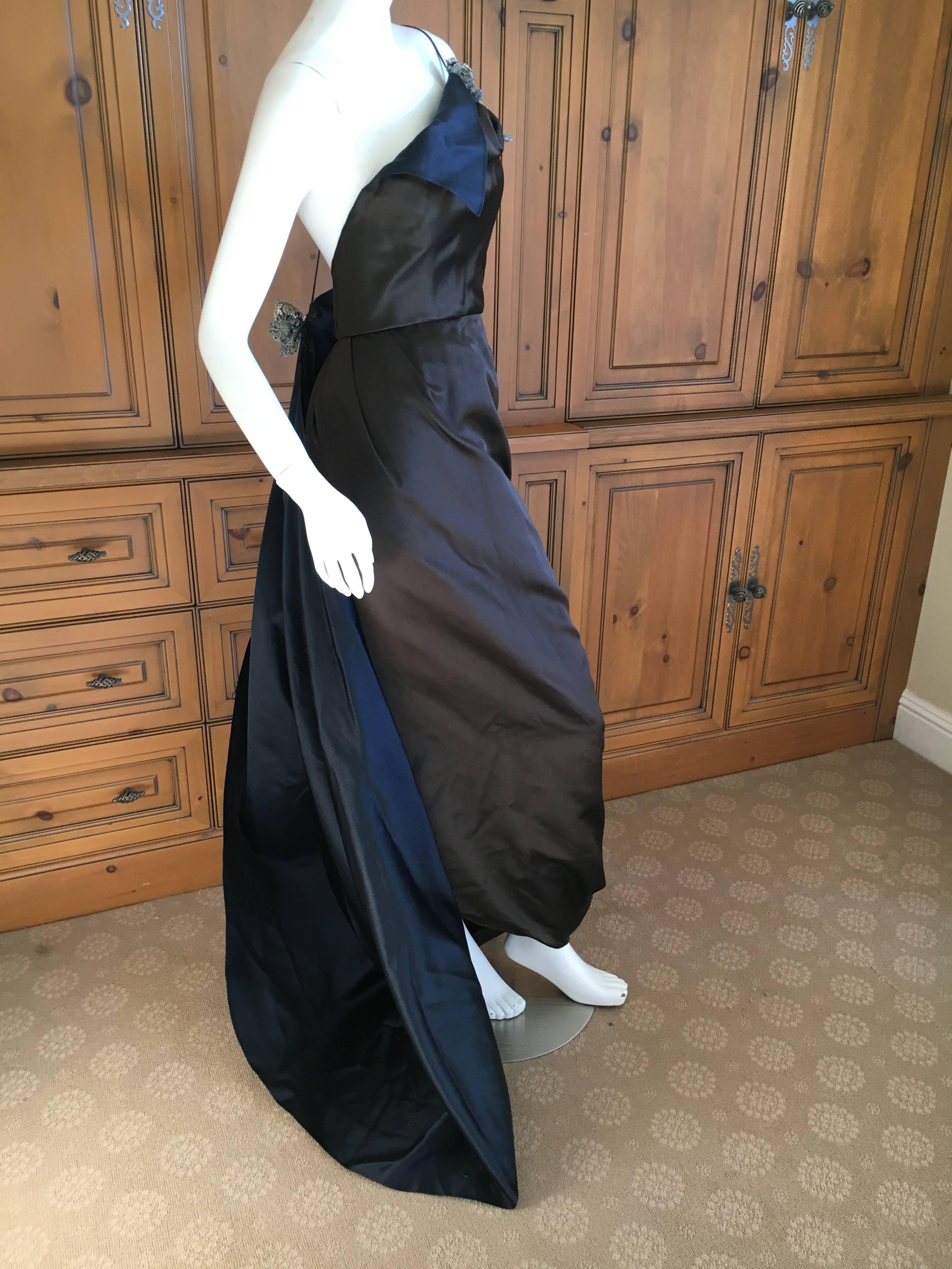 Oscar de la Renta Sweeping Silk Evening Dress in Brown and Navy For Sale 1