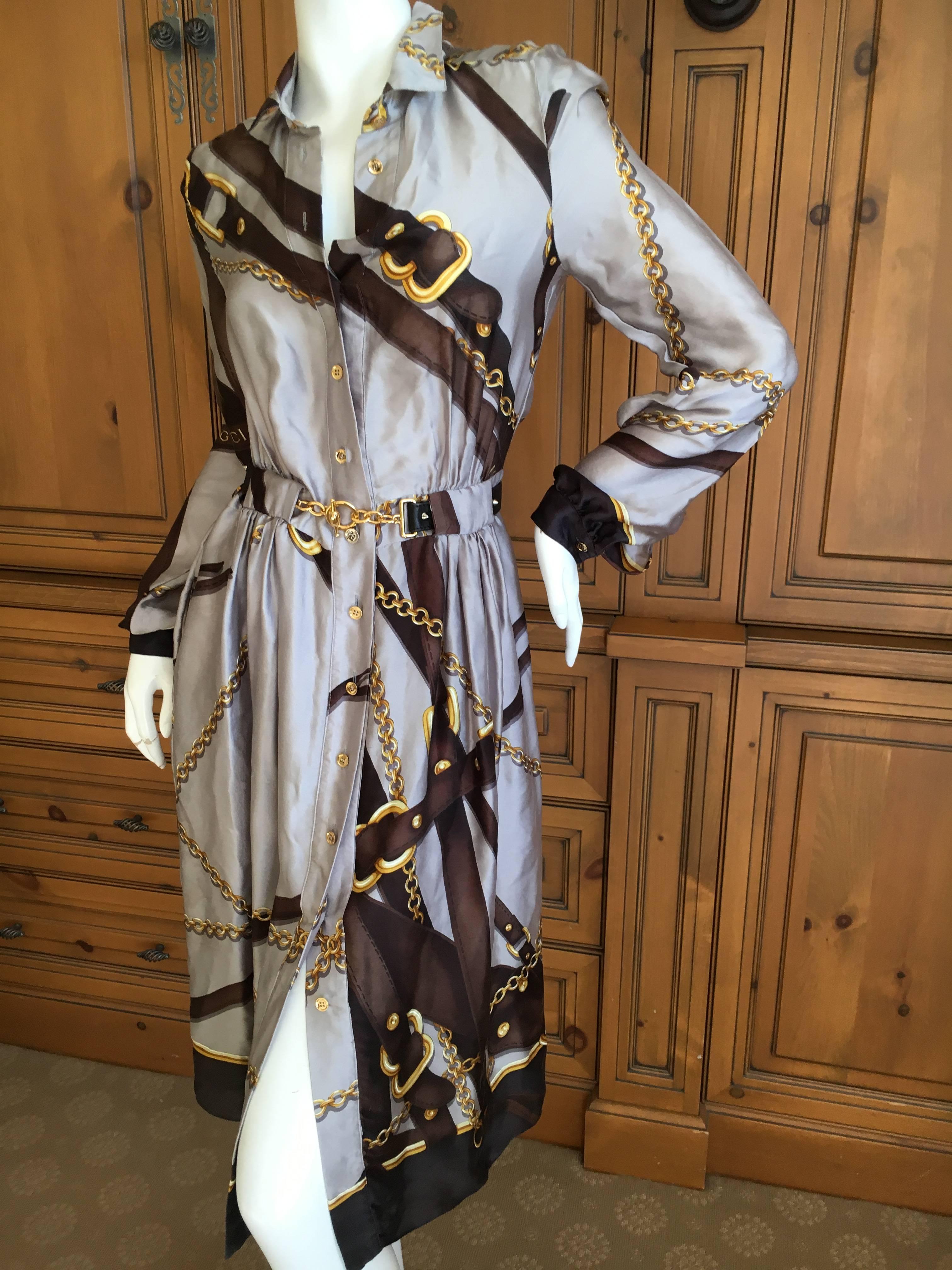 Gucci Silk Scarf Print Equestrian Theme Dress with Gold Chain Belt For Sale 1