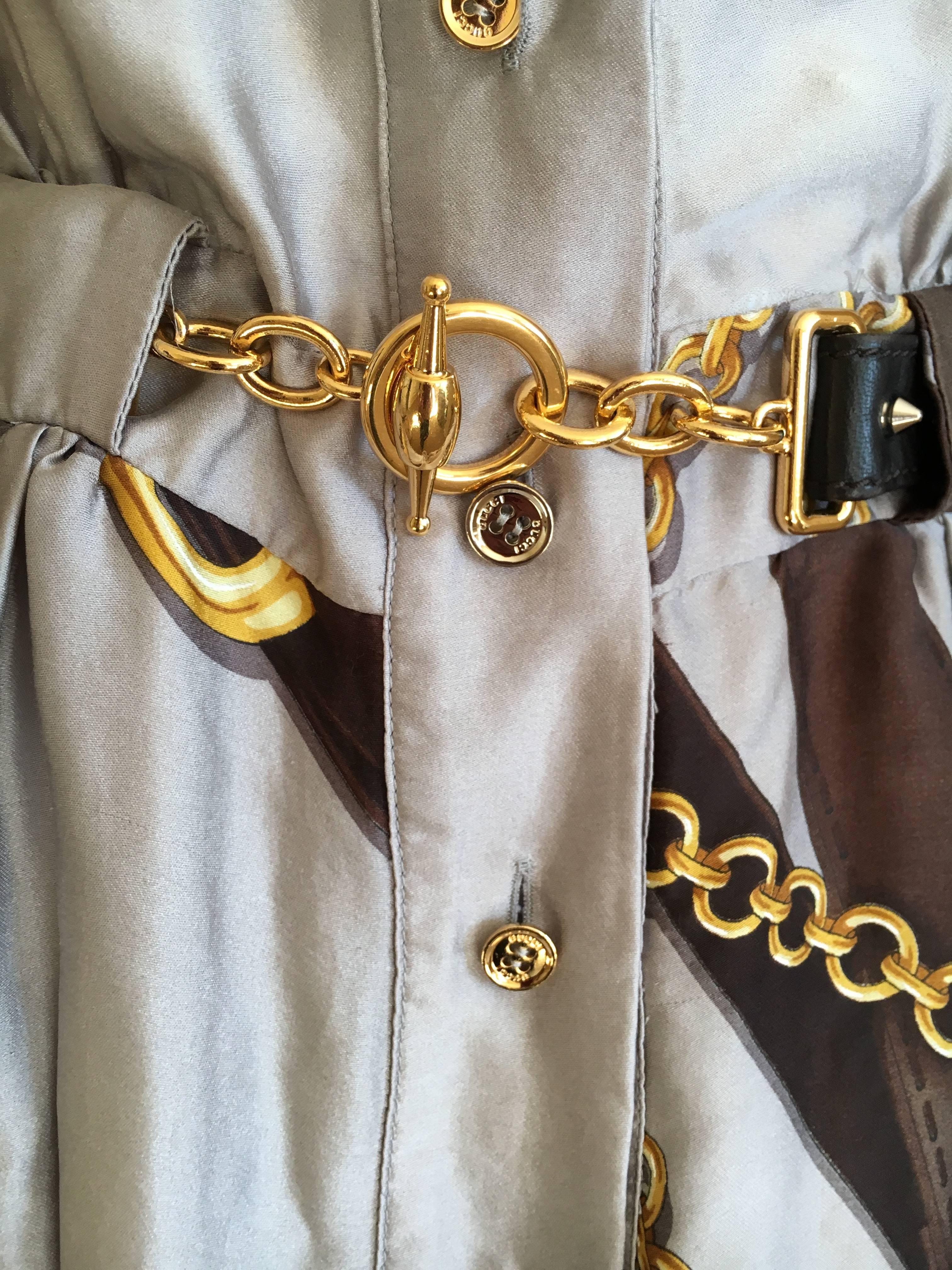 Gucci Silk Scarf Print Equestrian Theme Dress with Gold Chain Belt For Sale 2
