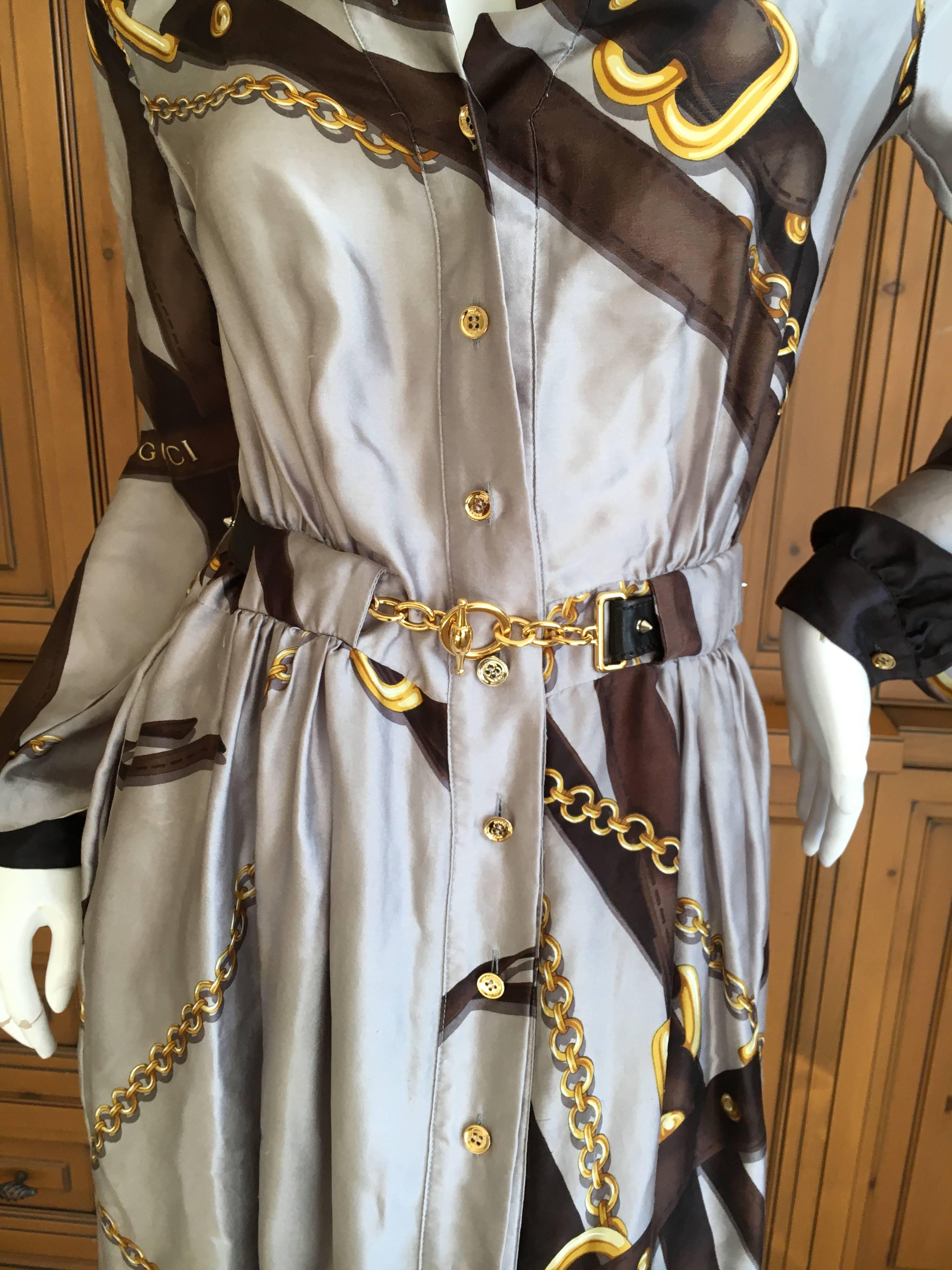 Gucci Silk Scarf Print Equestrian Theme Dress with Gold Chain Belt For Sale 3