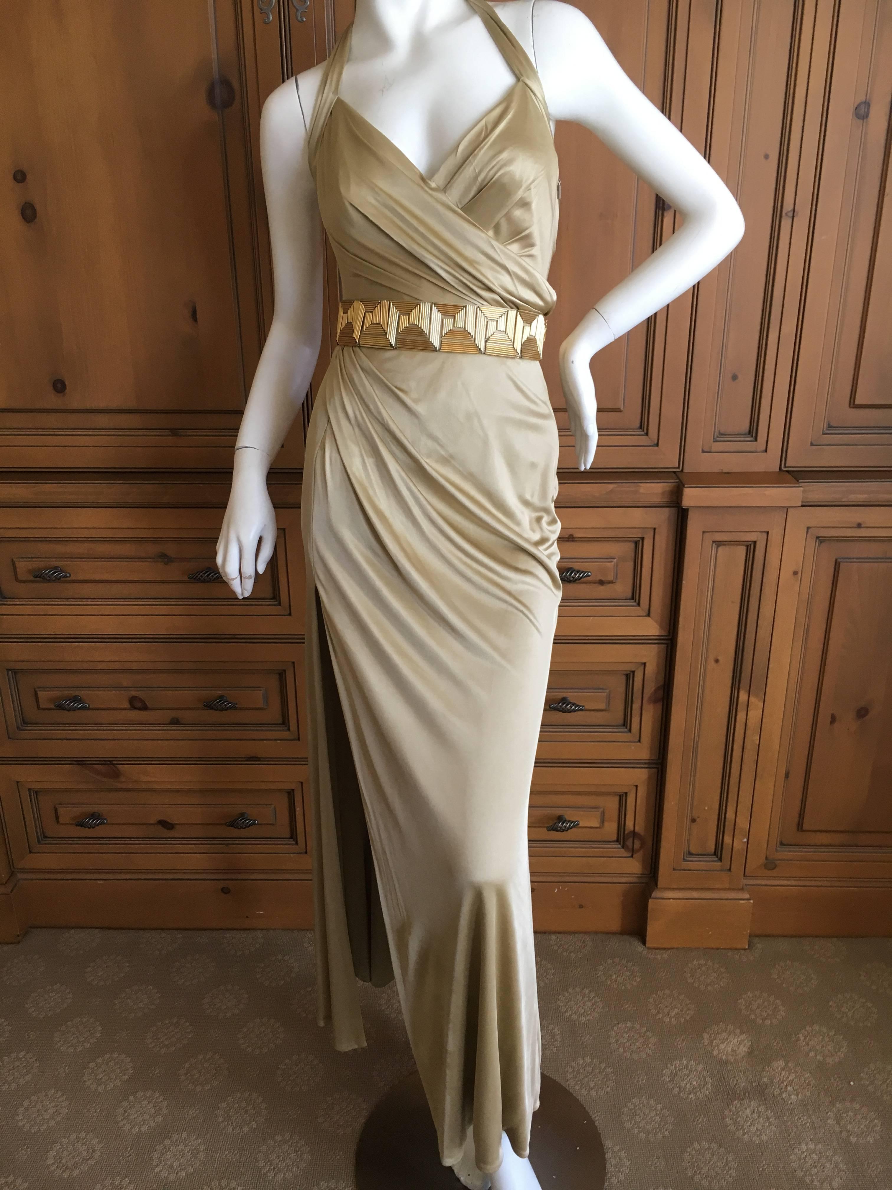 Women's Versace Golden Jersey Gown with Detachable Beaded Greek Key Belt For Sale