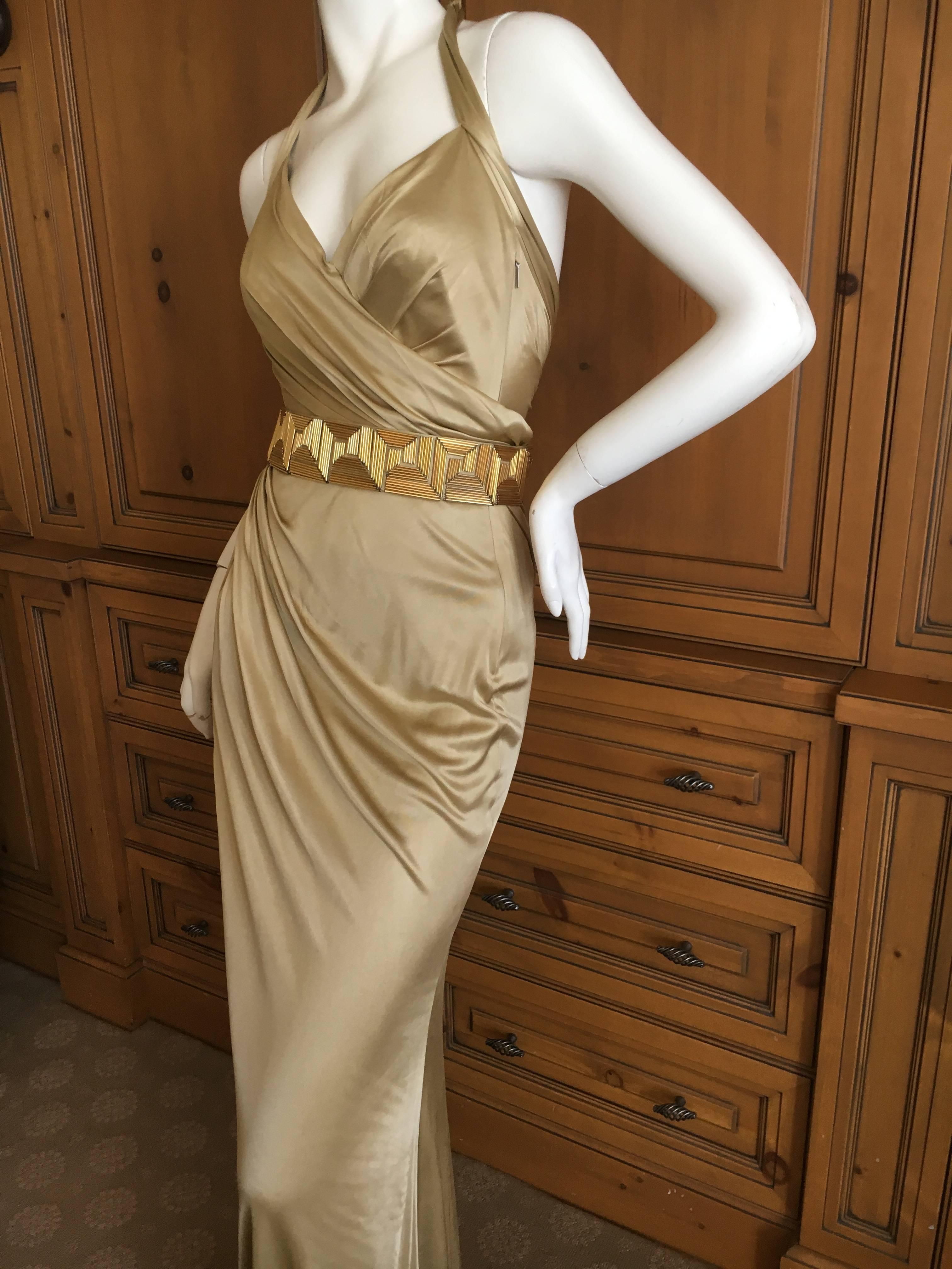 Luscious gold jersey dress with beautiful detachable beaded belt from Versace. 
Inner corset and mesh bodysuit.
Size 38
 Bust 36