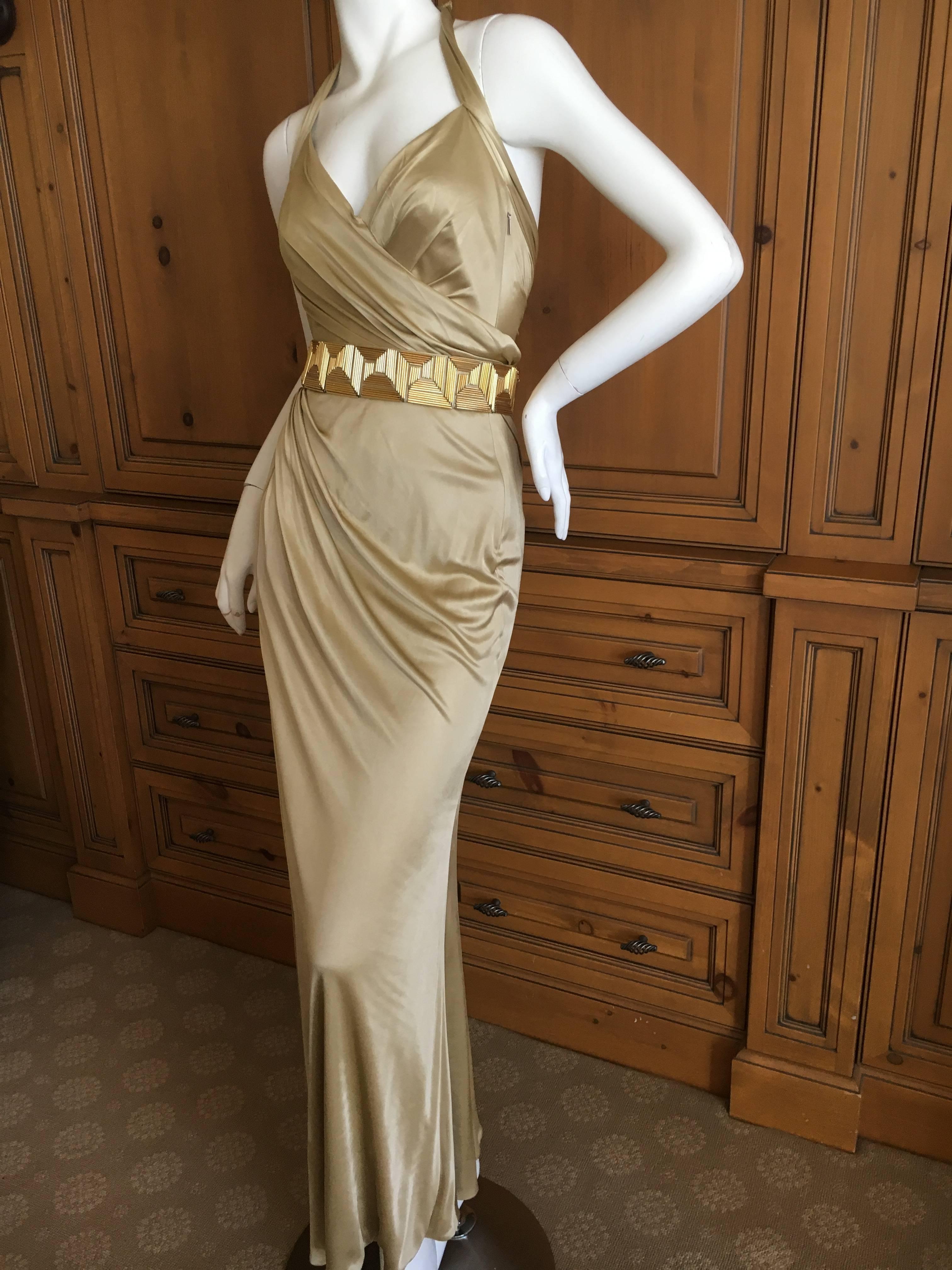 Versace Golden Jersey Gown with Detachable Beaded Greek Key Belt For Sale 3