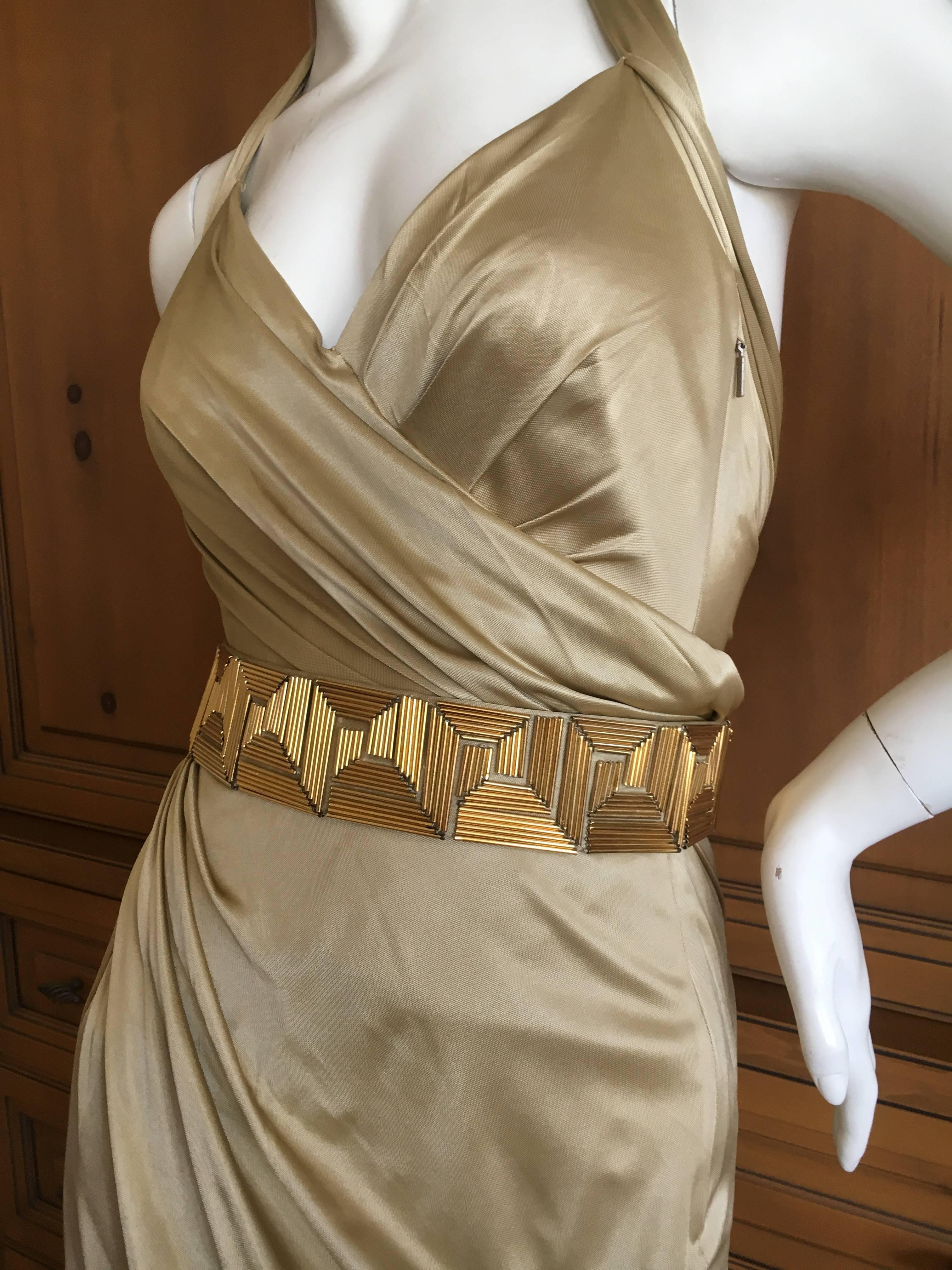 Versace Golden Jersey Gown with Detachable Beaded Greek Key Belt For Sale 1