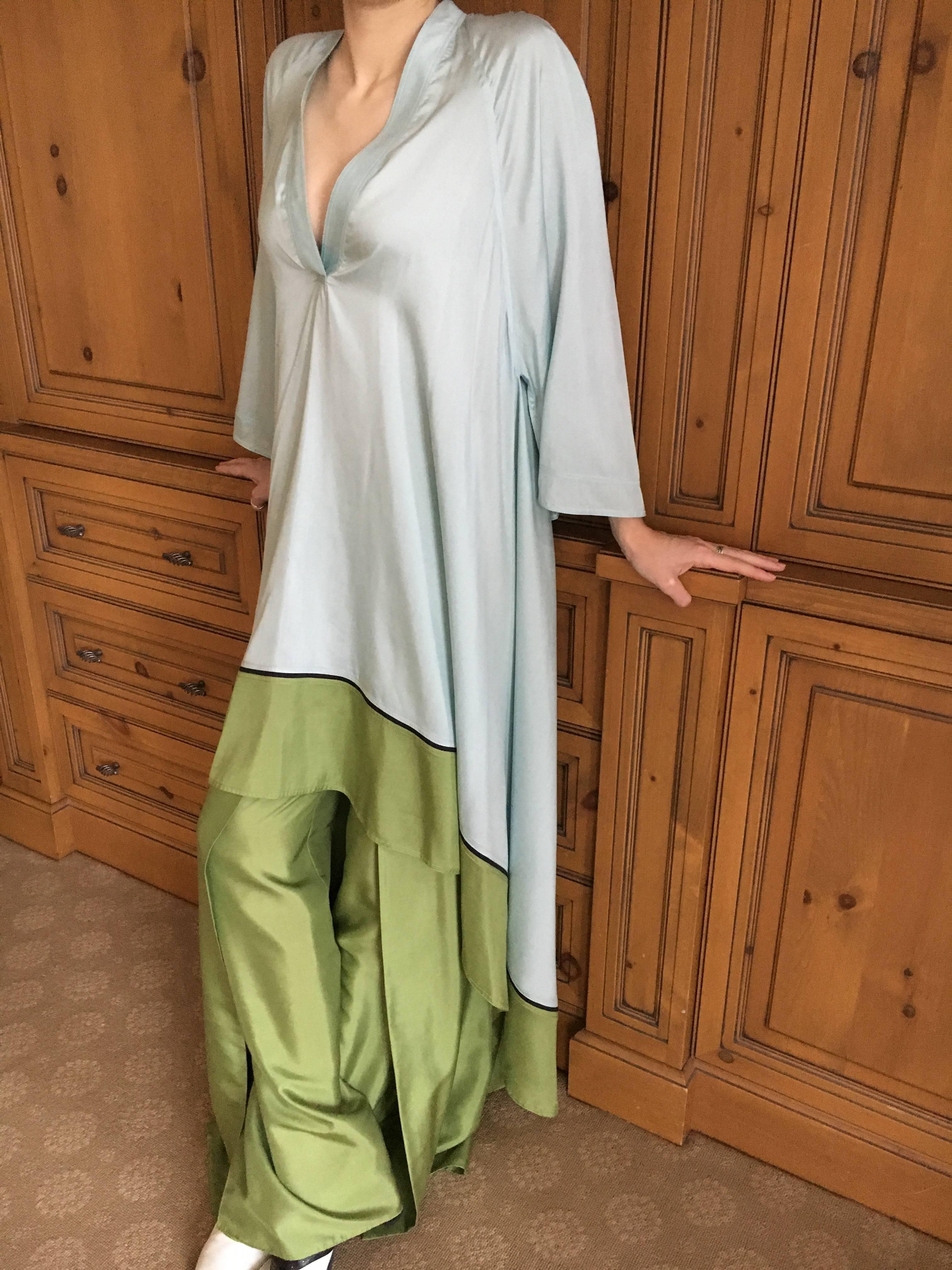 Chado Ralph Rucci Silk Turquoise & Green Caftan and Matching Wide Leg Pant For Sale 5