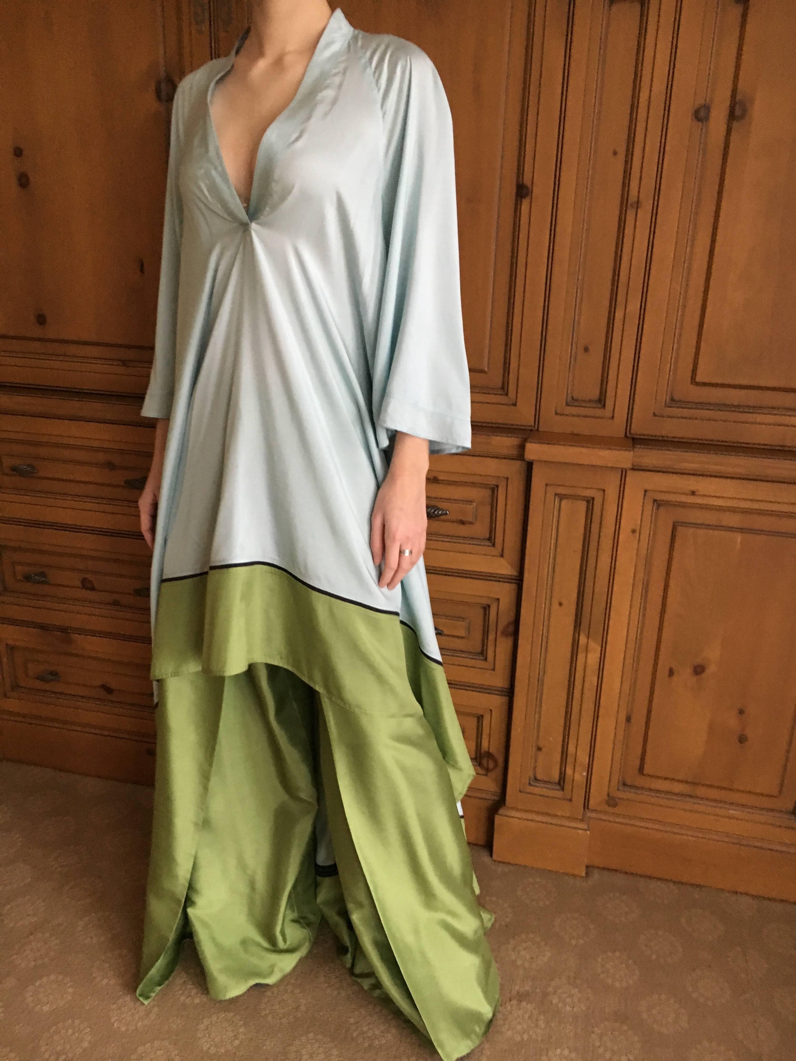 Chado Ralph Rucci Silk Turquoise & Green Caftan and Matching Wide Leg Pant For Sale 6
