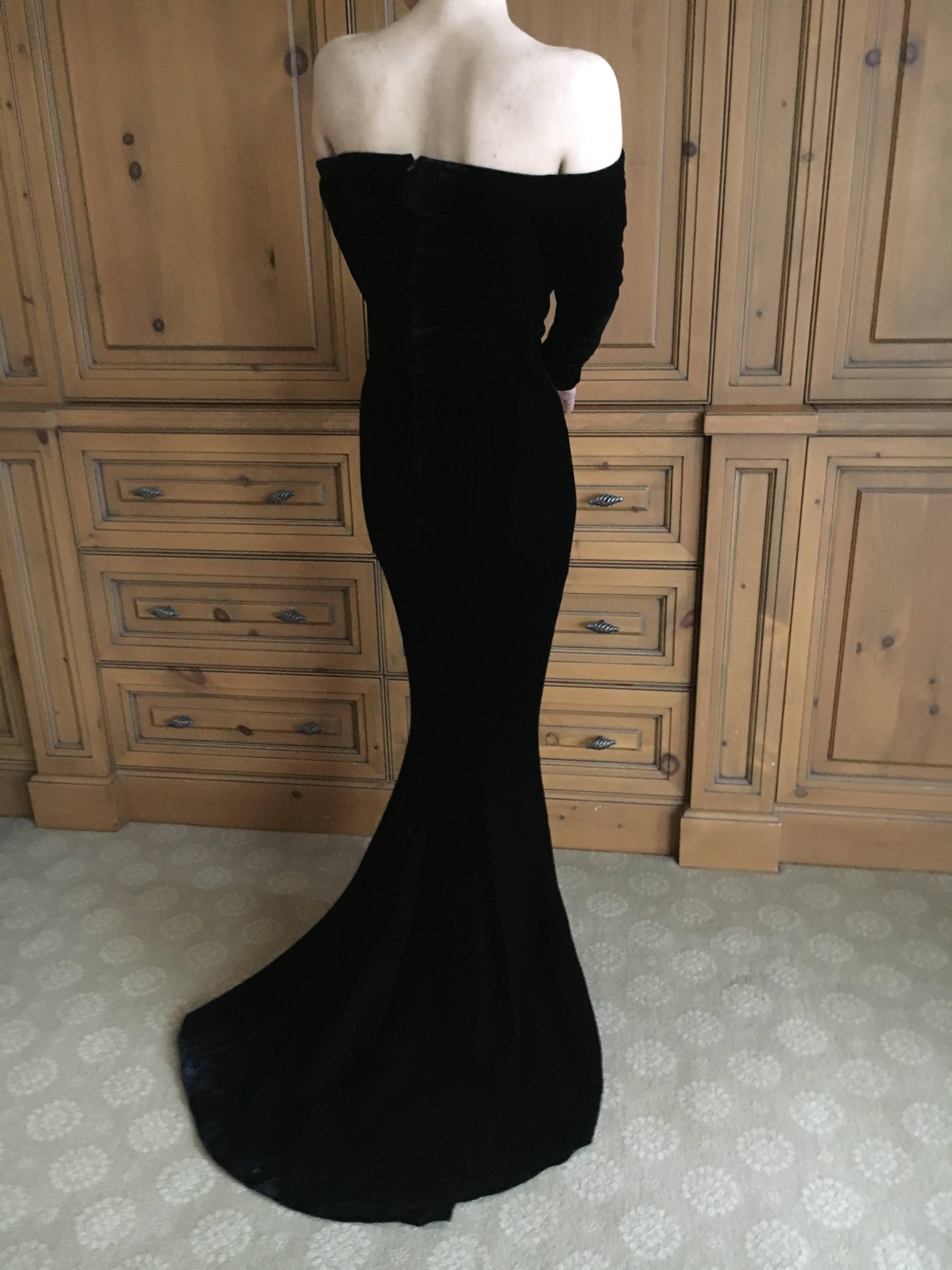 Thierry Mugler 1980's Black Velvet Off the Shoulder Evening Dress with Train 3