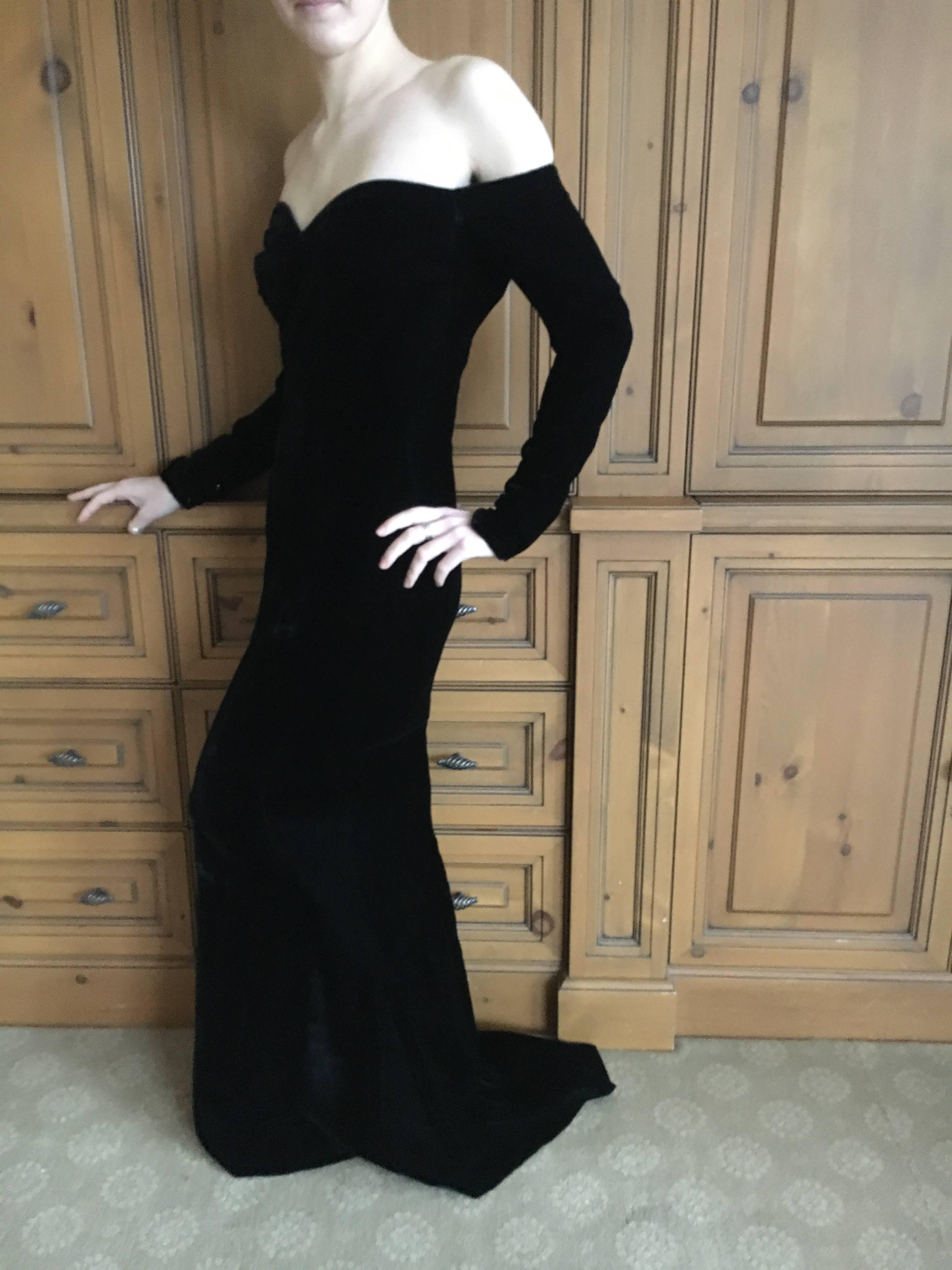 Thierry Mugler 1980's Black Velvet Off the Shoulder Evening Dress with Train 2