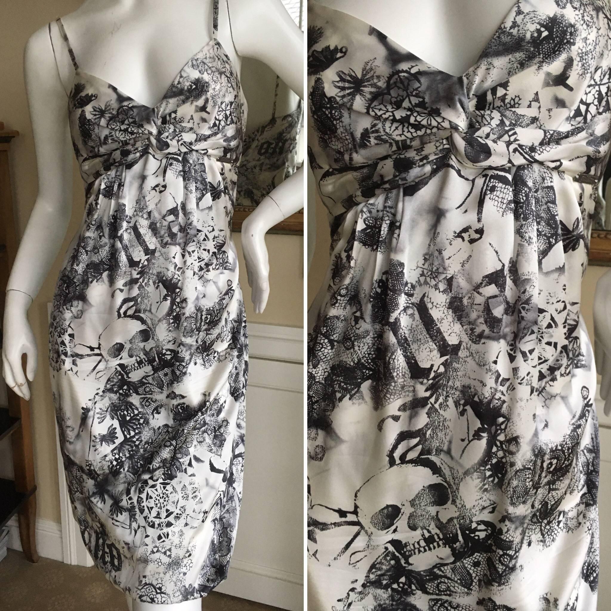 John Galliano Sweet Vintage Silk Cocktail Dress with Death Head Pattern For Sale 5