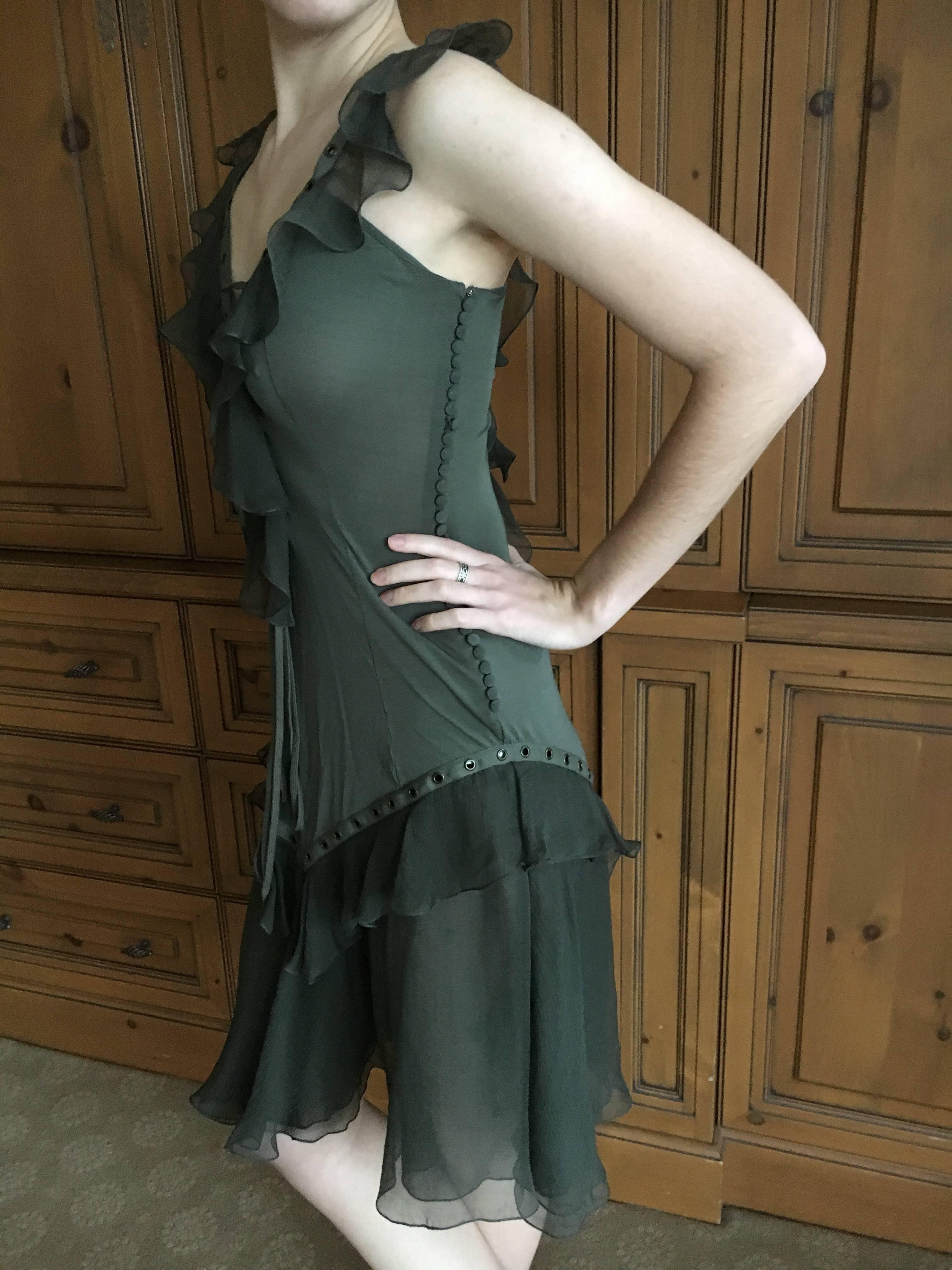Black Christian Dior by John Galliano Moss Green Corset Lace Ruffled Silk Dress For Sale