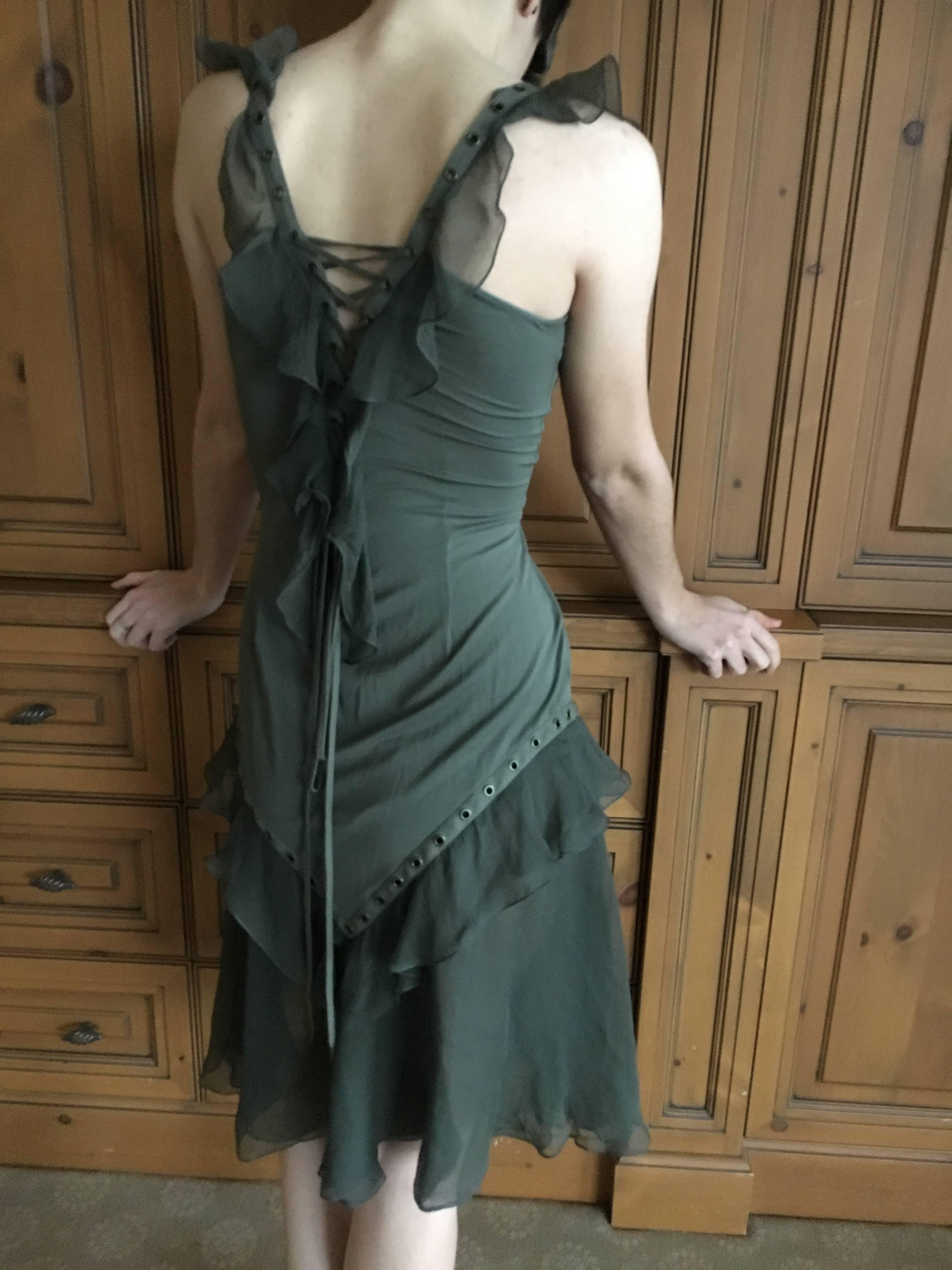 Christian Dior by John Galliano Moss Green Corset Lace Ruffled Silk Dress For Sale 3