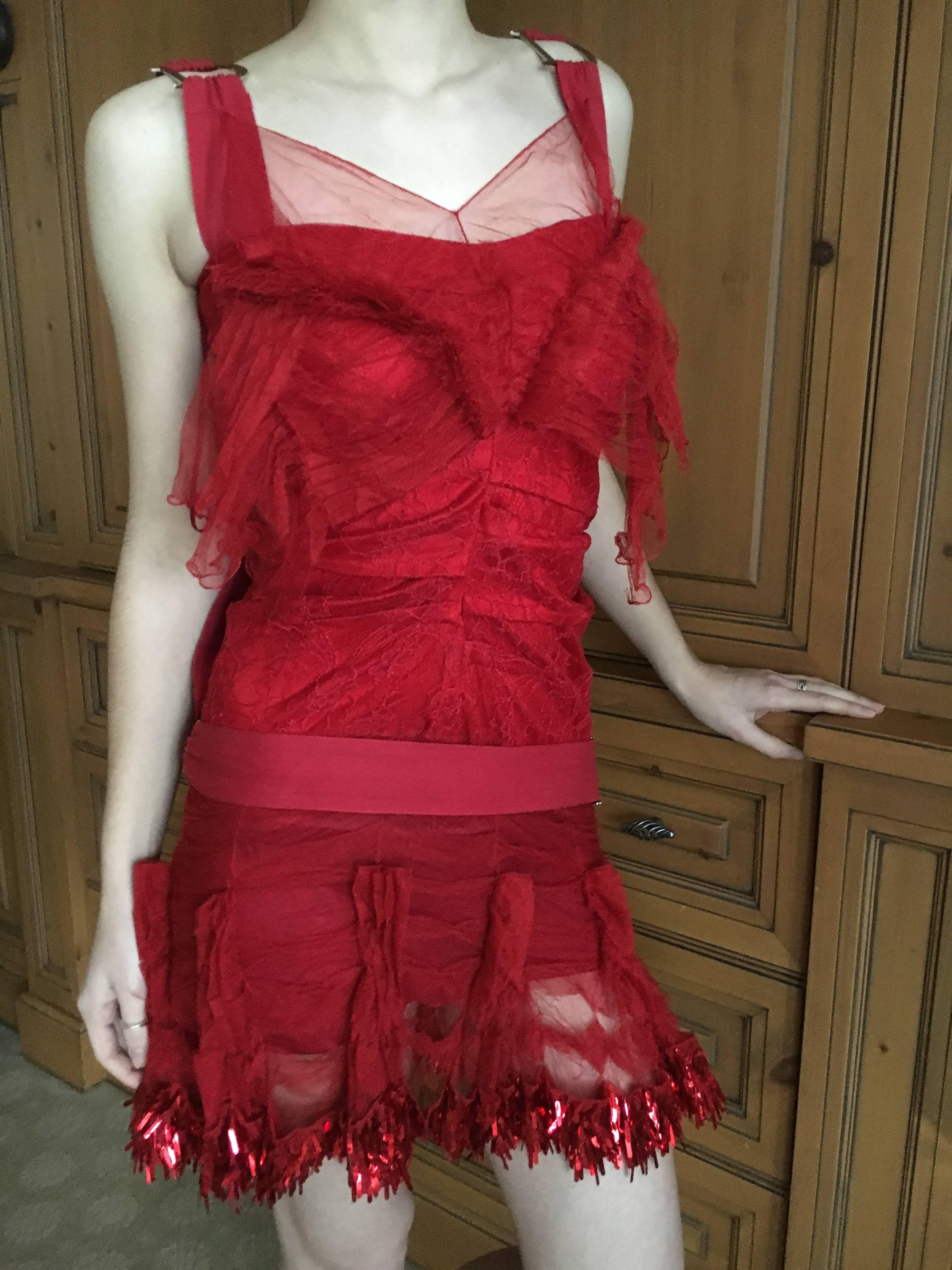 Dior by Galliano Sequin Accented Red Lace Cocktail Dress with Bondage Straps In Excellent Condition In Cloverdale, CA