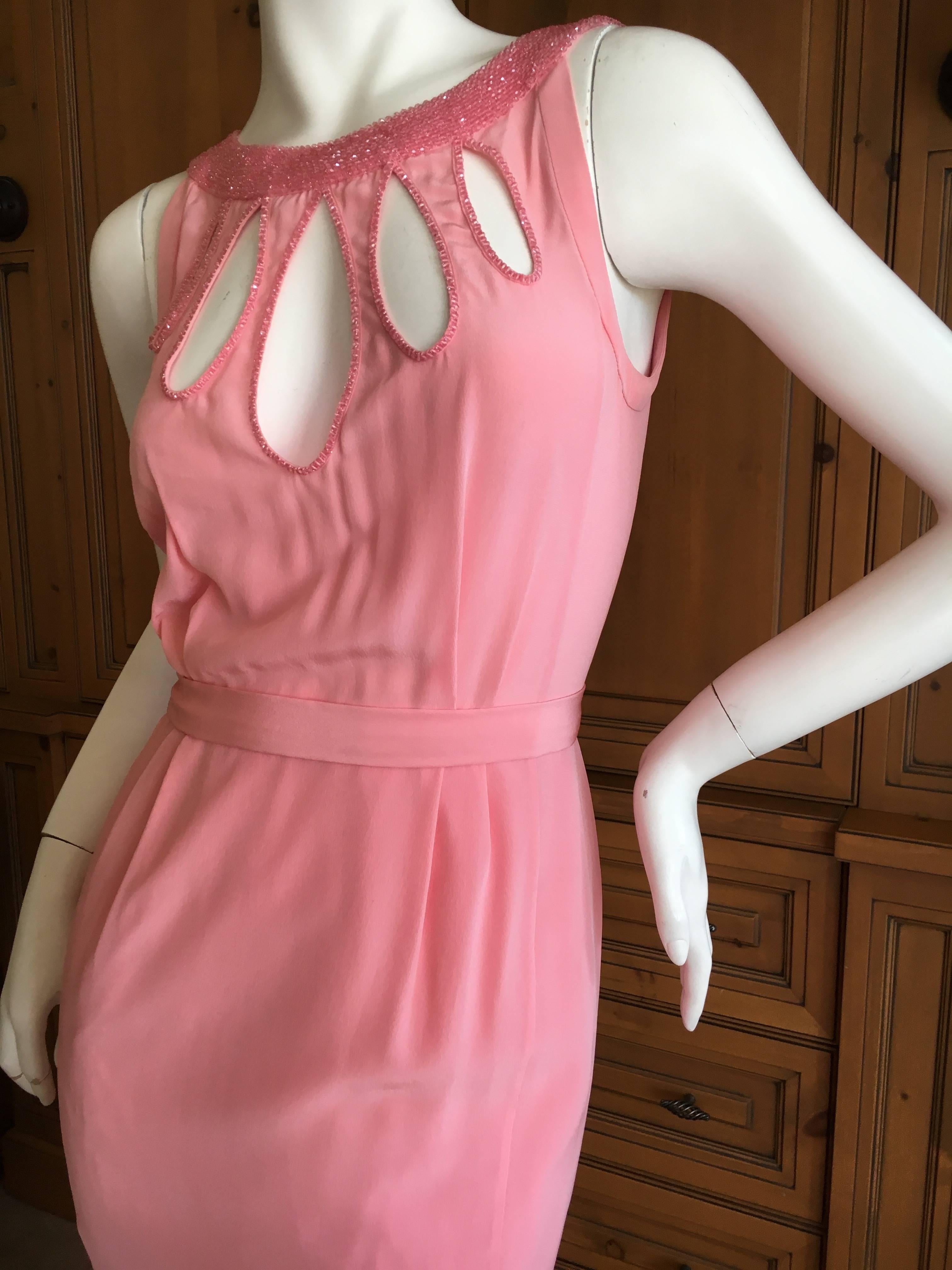 Moschino Pink Beaded Evening Dress with Keyhole Accents.
Size 6 
French 36
IT 40
Bust 38"
Length 65"