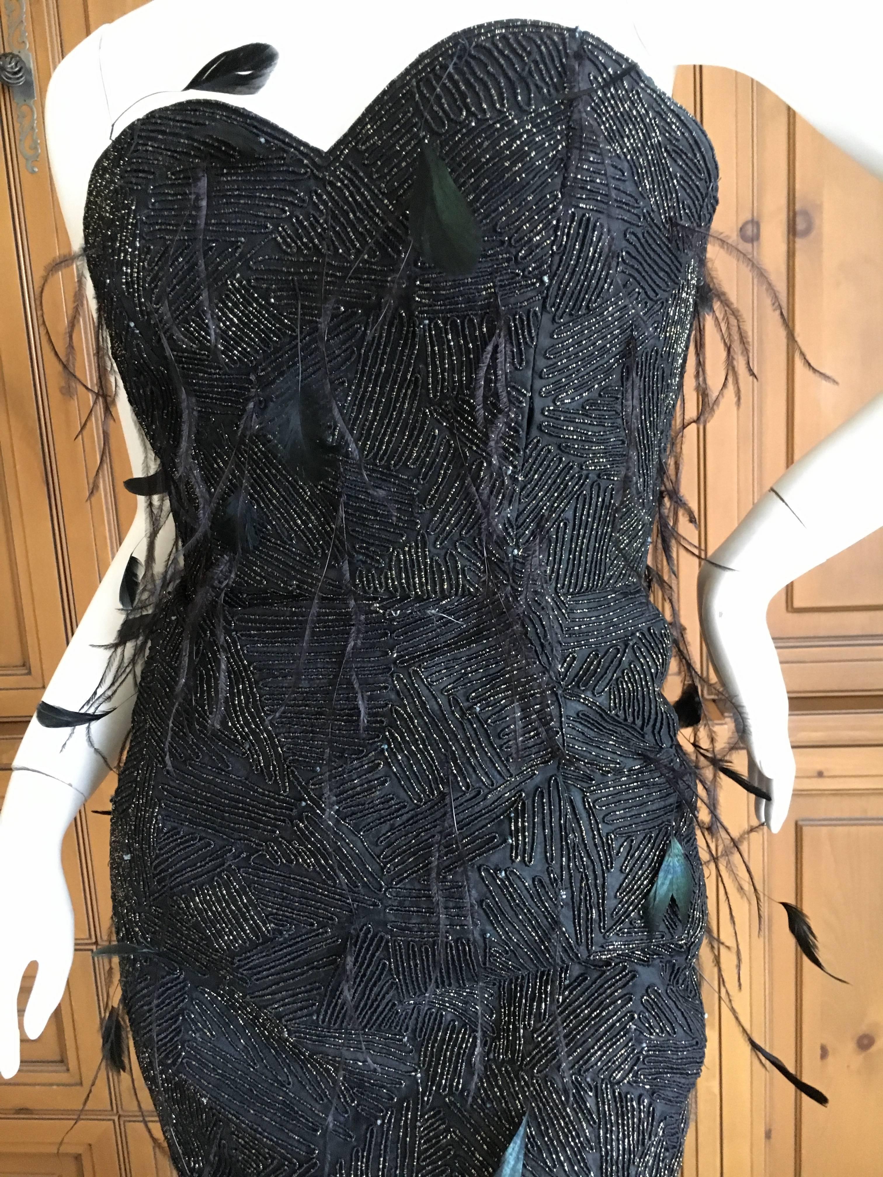 Oscar de la Renta Black and Gold Feather Trimmed Evening Gown with Train 2