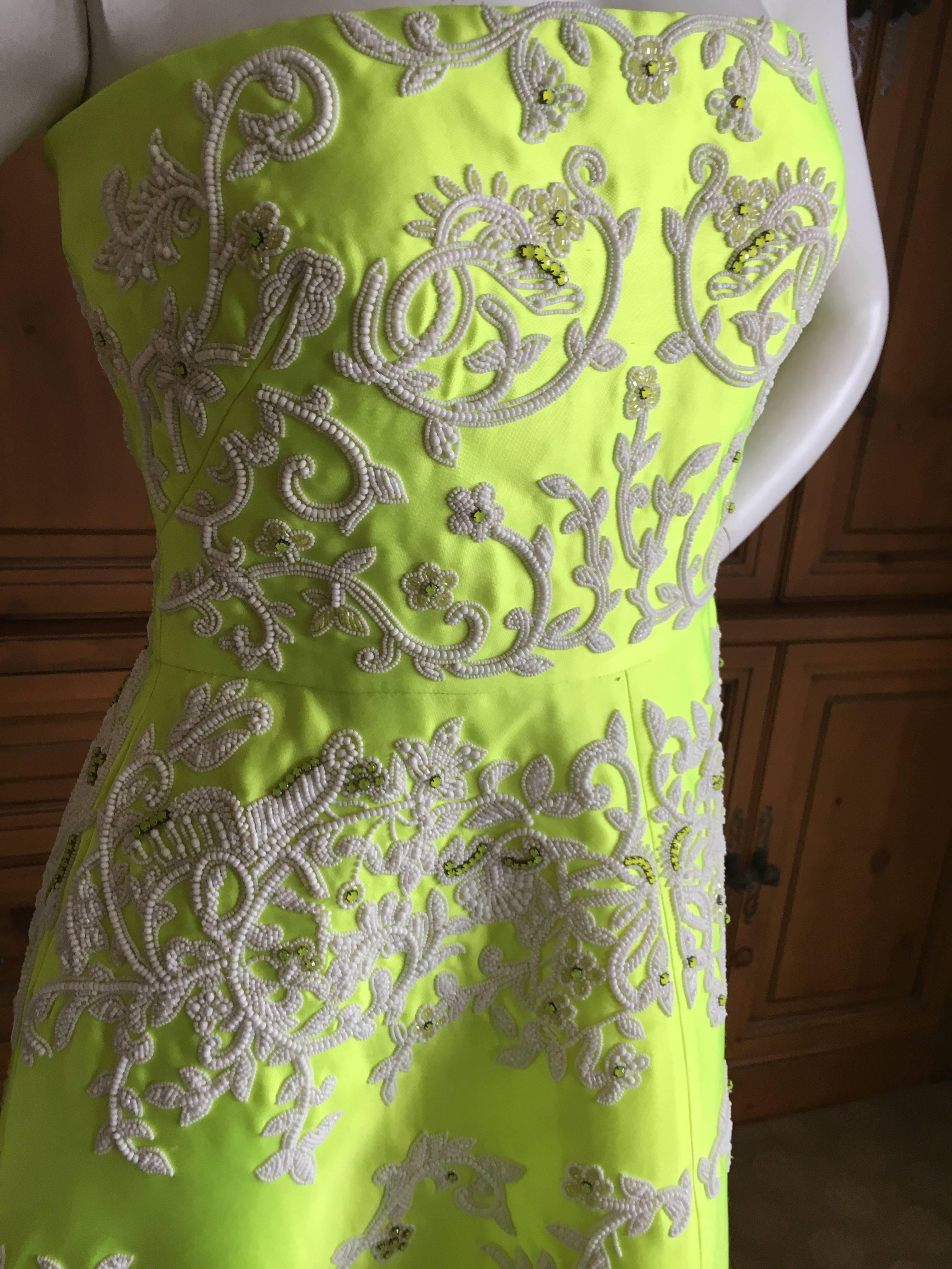 Valentino Neon Yellow Duchesse Satin Pearl Embellished Dress NWT $11, 000 In New Condition For Sale In Cloverdale, CA